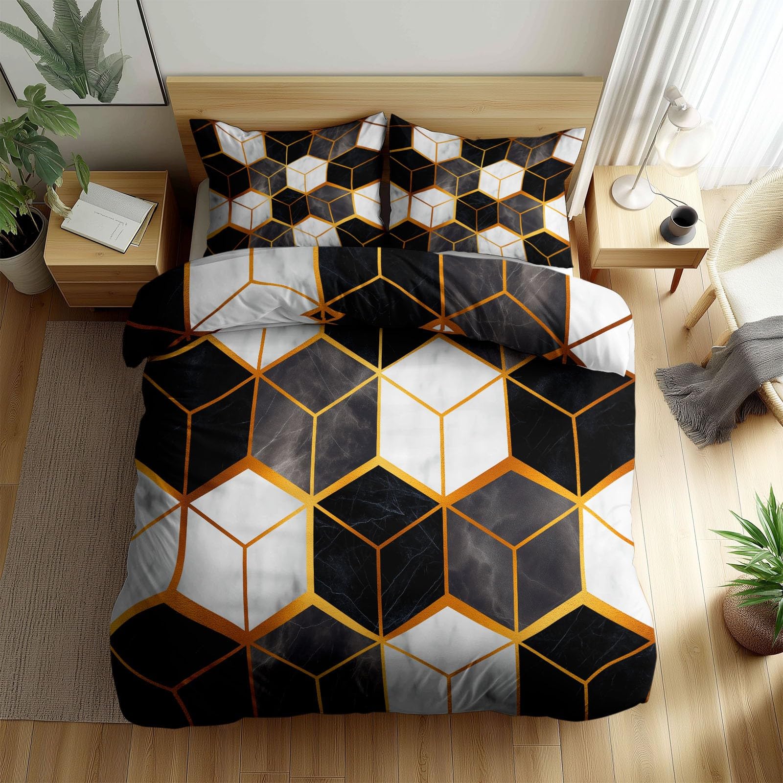 Housse de couette réversible 160x200 cm géométrie marbre noir et blanc avec 2 taies d'oreiller