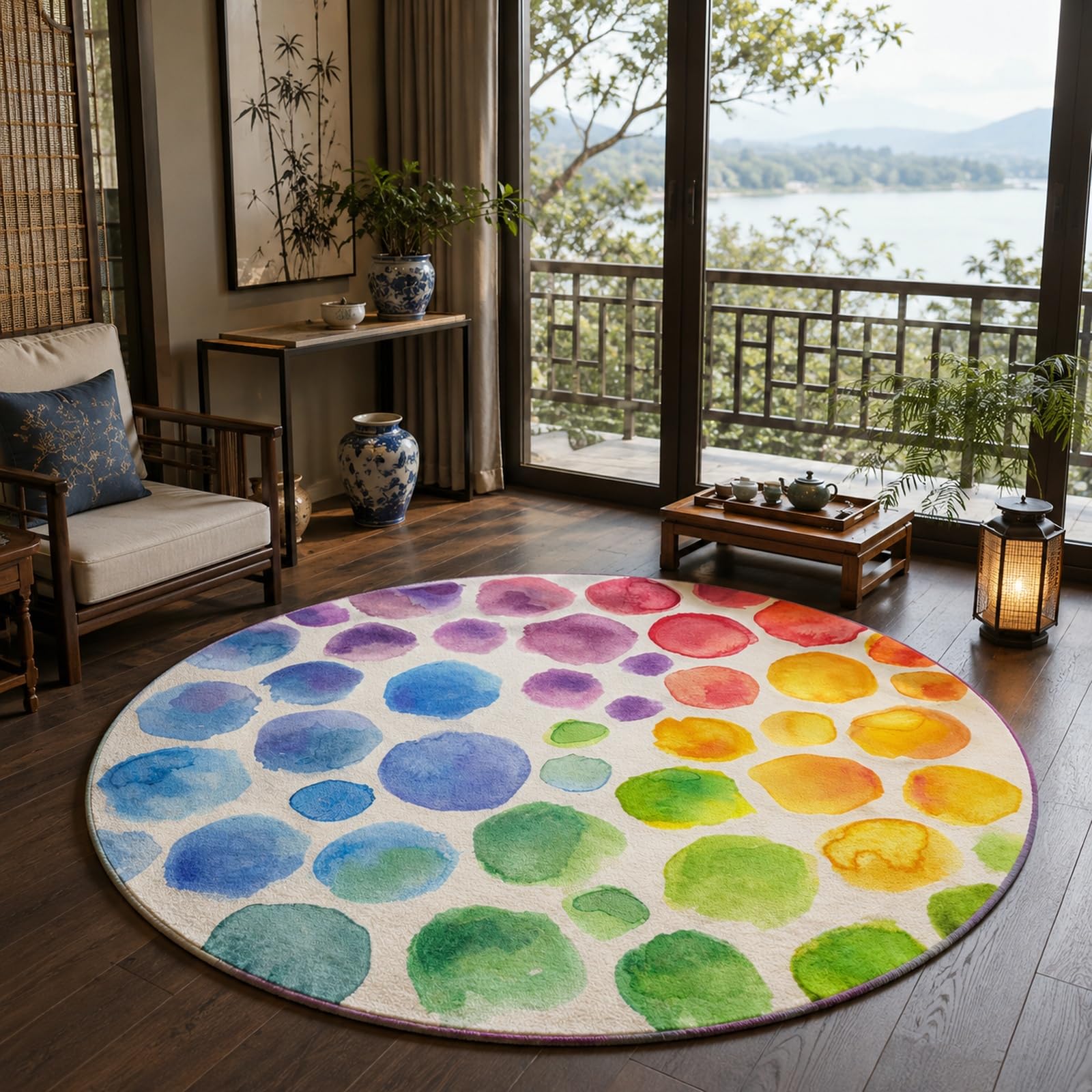 Tapis rond abstrait moderne et coloré de 90 cm pour déco de chambre