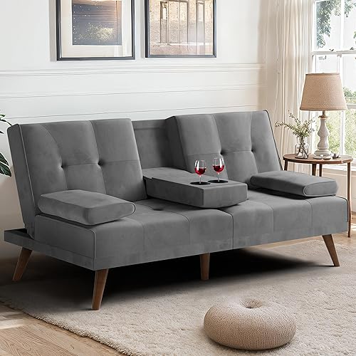 Miniatura 1 de Meilocar Sofá cama de terciopelo, sofá biplaza de 60 pulgadas con reposabrazos extraíbles, cama de invitados ajustable para espacios pequeños,