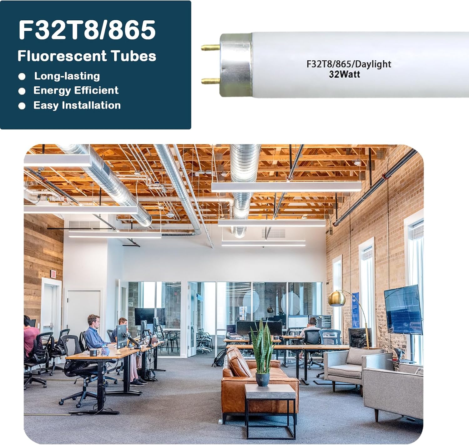 Valoisa F32T8/865 32W 48 Inch T8 Fluorescent Tube Light Bulb, 4 Foot 32Watt/TL765 6500K Daylight, 2800 Lumens, G13 Medium Bi-Pin Base(10 Pack)