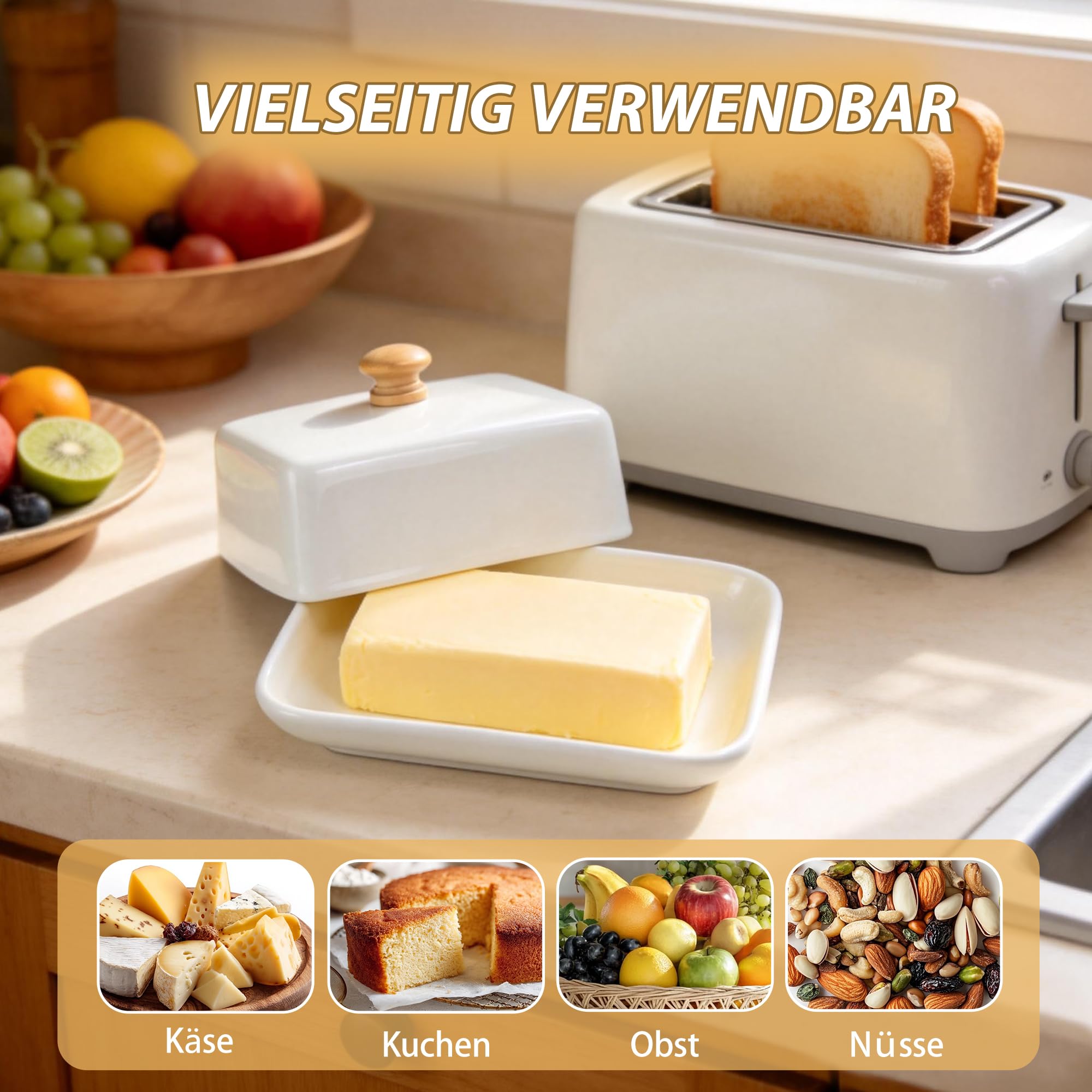 Butterdose Keramik, Weiß Butterdose mit Deckel für Kühlschrank & Tisch, Butterglocke für 250g Butter, Spülmaschinengeeignet Butterbox für Haushalt und Küche