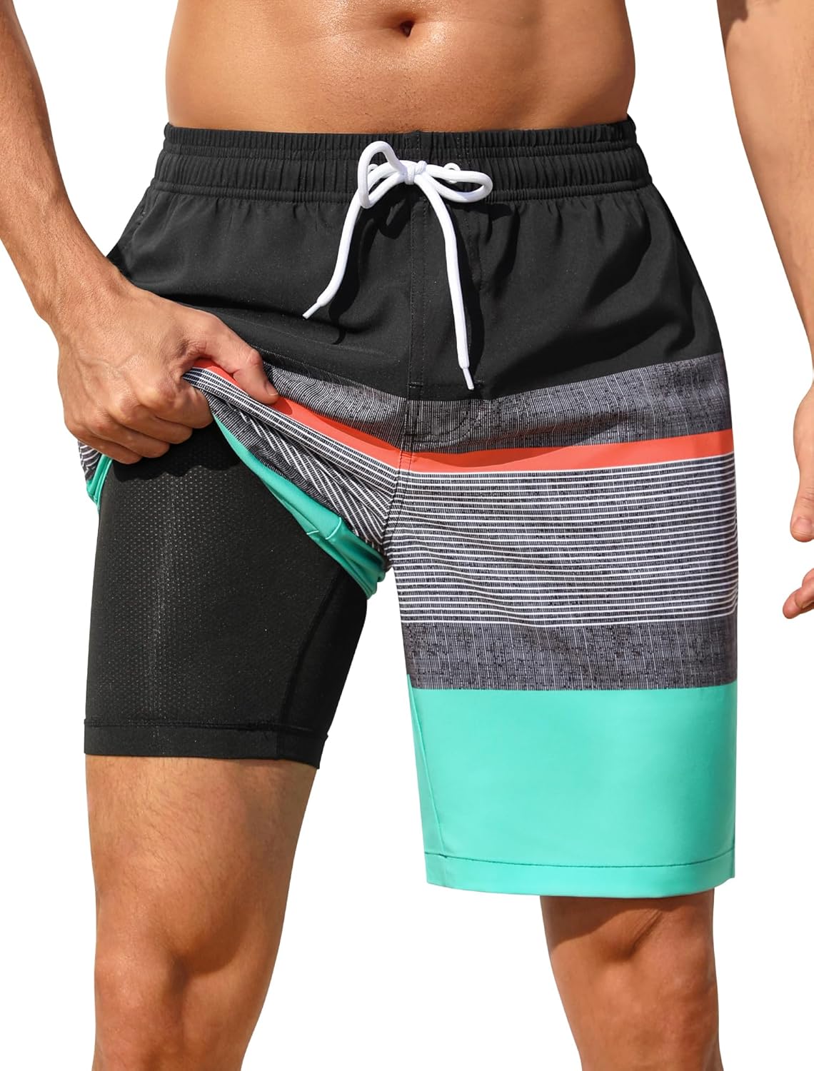 SILKWORLD Mens Swim Trunks with Compression Liner 2 in 1 Quick Dry Bathing Suit No-Chafing Beach Shorts with Zipper Pockets