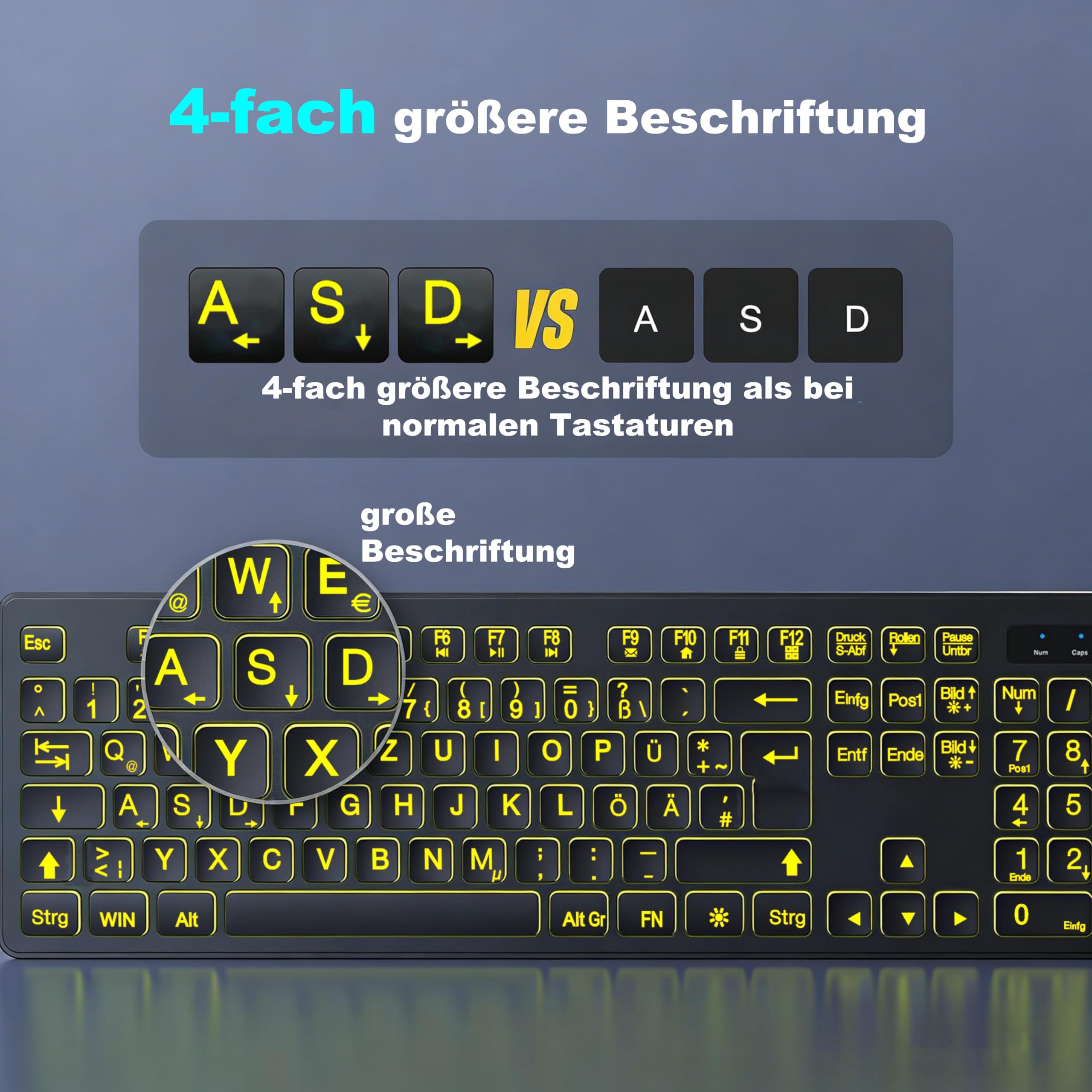 Tastatur-Maus-Set kabellos, QWERTZ, große Schrift, 7 Lichtfarben