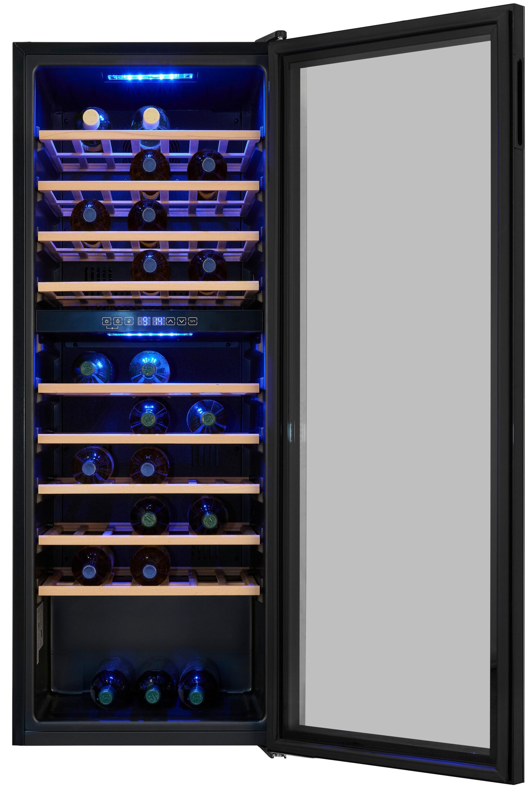 Exquisit® Vinoteca para 78 Botellas, 194L, Negro, Clase G, Doble Zona de Temperatura 5-20°C, Control Digital, Puerta de Cristal Reversible, Iluminación LED, 9 Estantes, Medidas (128,5 x 49 x 57,5 cm)