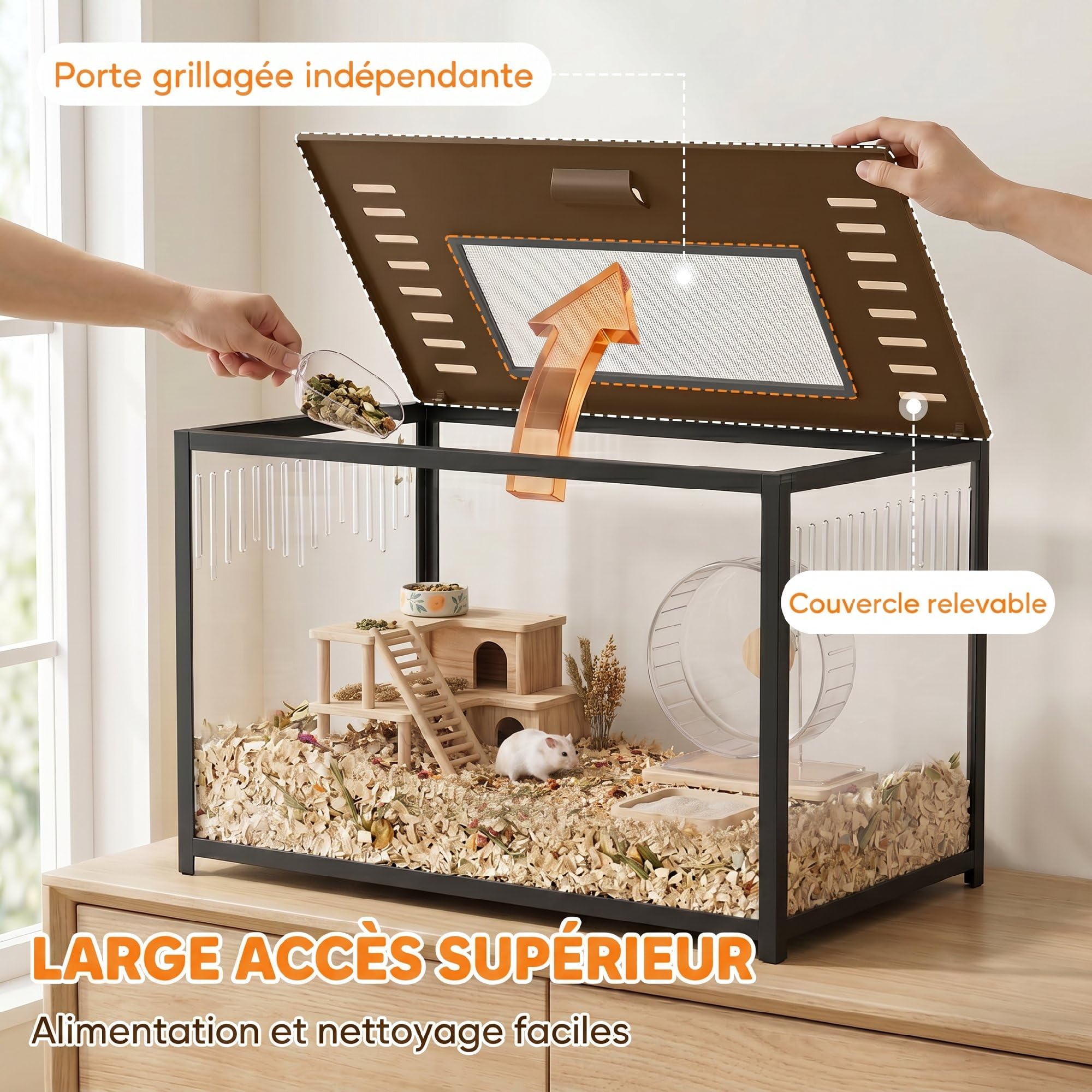 PawHut Gabbia a criceto in metallo con base profonda – Habitat per roditori trasparente di vista panoramica a 360°, coperchio apribile, ventilazione laterale – gabbia per criceto siriano nano, 80 x 45