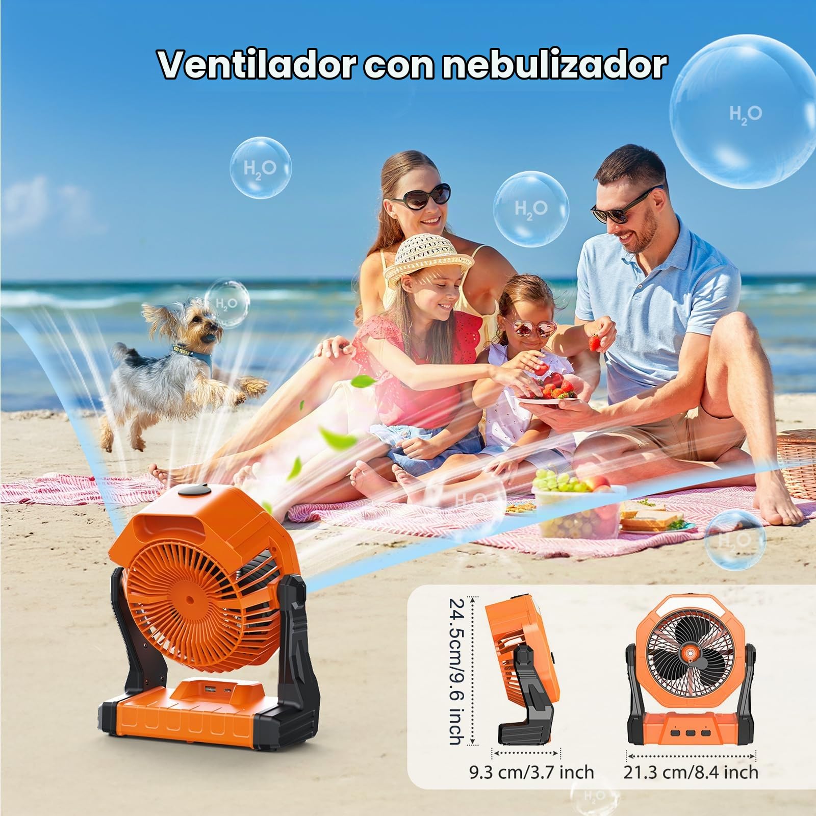 Ausic Ventilador de nebulización portátil, ventilador recargable para exteriores, luz LED, gancho, 35 horas