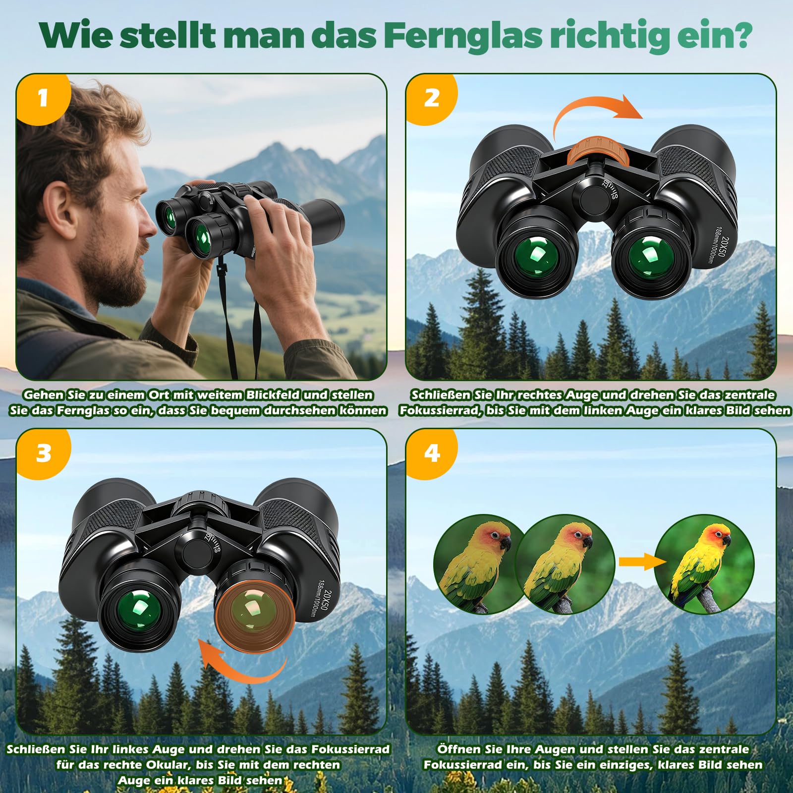 20x50 Fernglas für Erwachsene, Vogelbeobachtungs Ferngläser mit BAK4 Prism FMC-Objektiven - 26mm Großes Okular Clear View Fernglas, Objektiv für Vogelbeobachtung,Sport,Wandern,Reisen