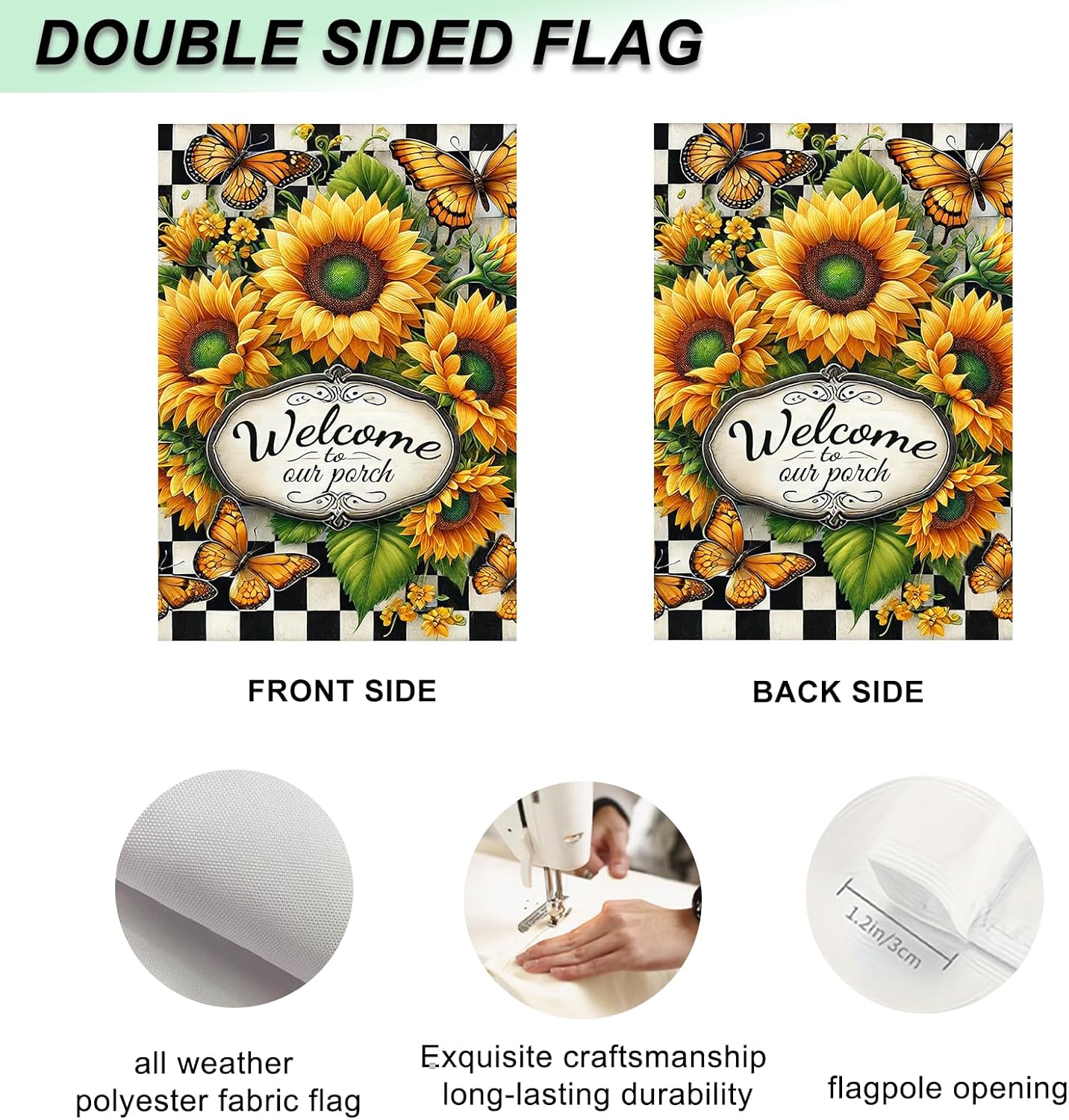 IVN Welcome Sunflower Garden Flag 12x18 Inch Double Sided Butterfly Floral Check Outdoor Yard Flag for Home Front Door Lawn Porch Summer Decor - Image 4