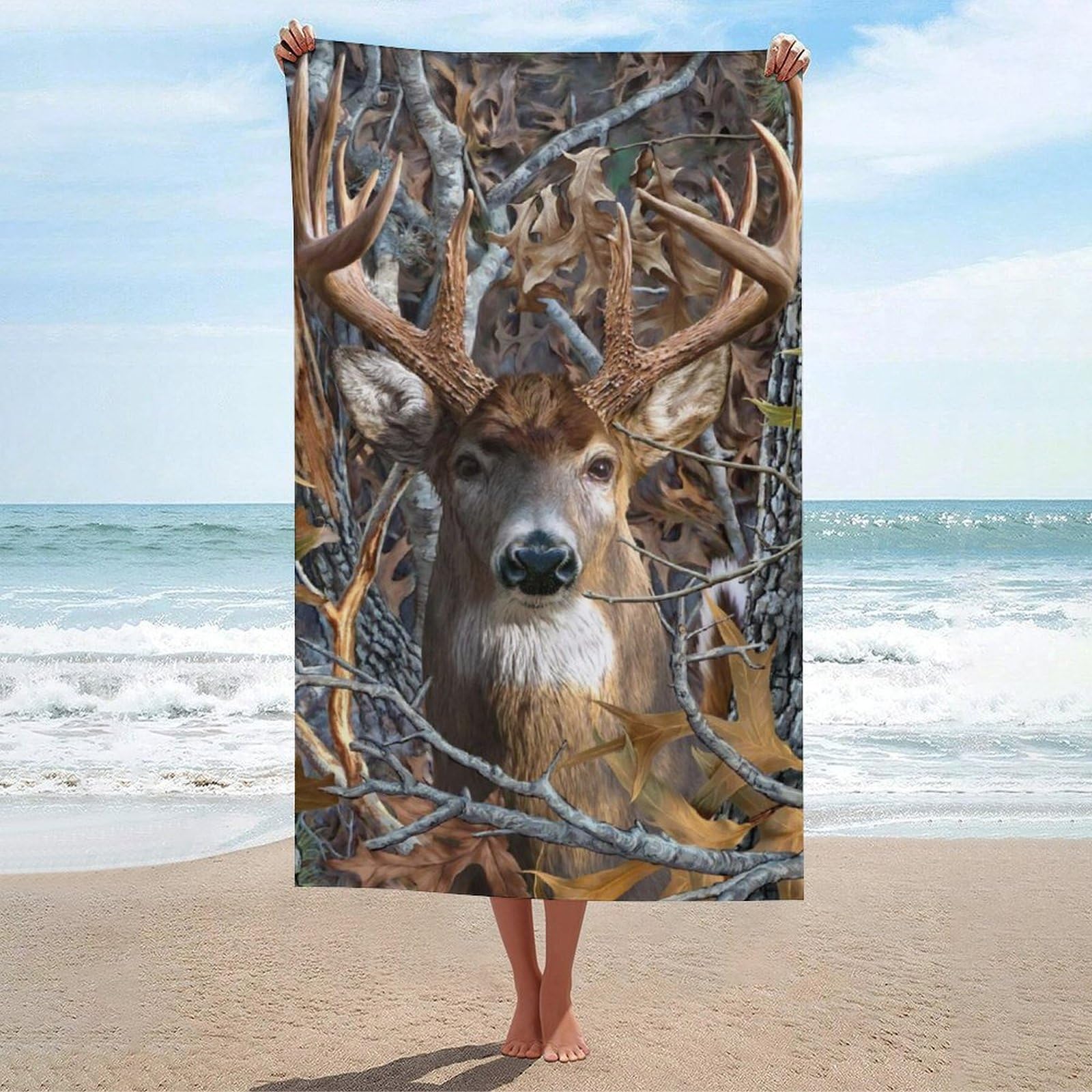 LEDFCVSU Beach Towel, Camo Buck Deer Bath Towel, Absorbent Towel for Swimming, Sports, Travel