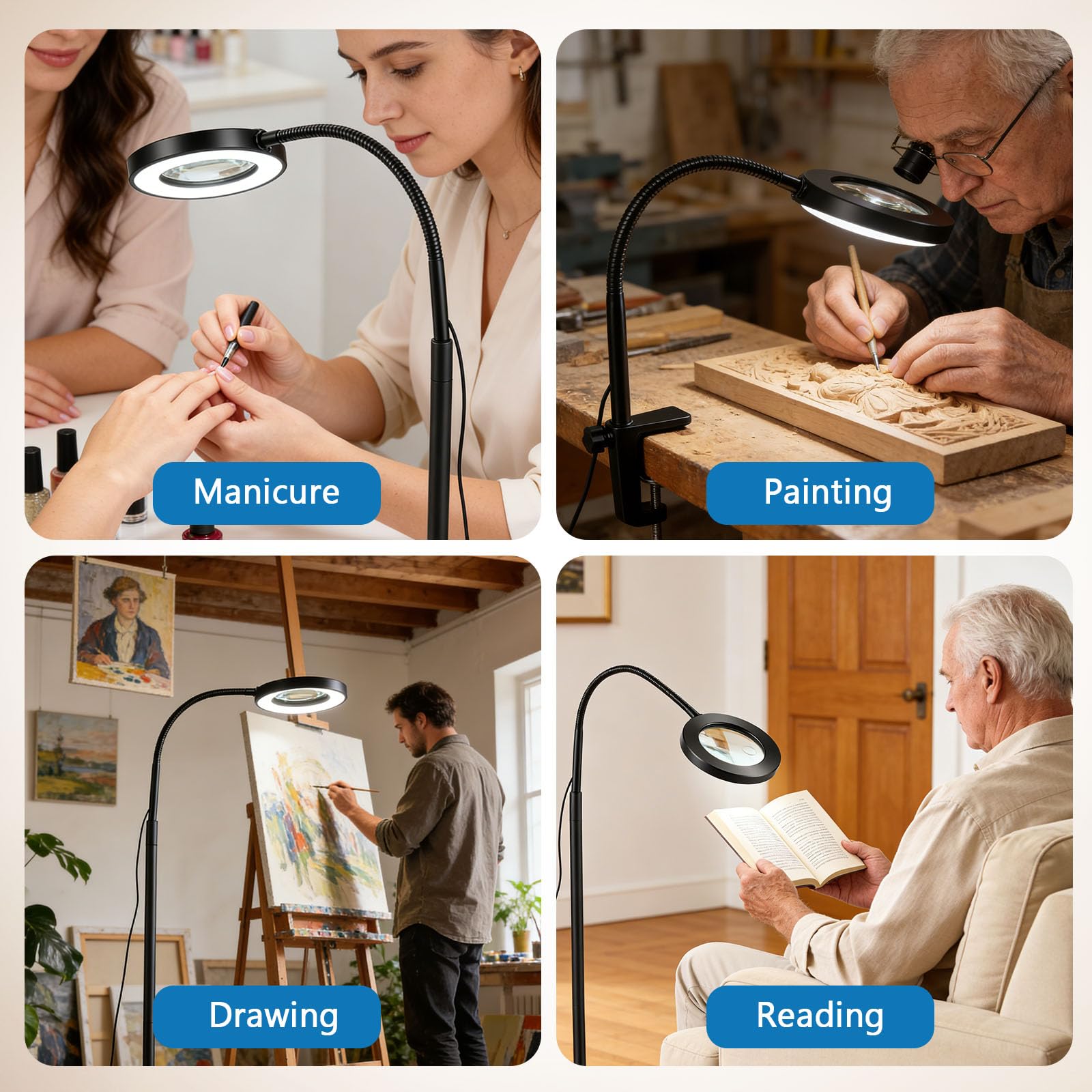 Lot de 20 loupes sur pied avec lumière et support - Lampe loupe 3 en 1 avec 72 LED - 3 modes de couleur à intensité variable - Bras pliable - Pour personnes âgées - Mains libres pour le