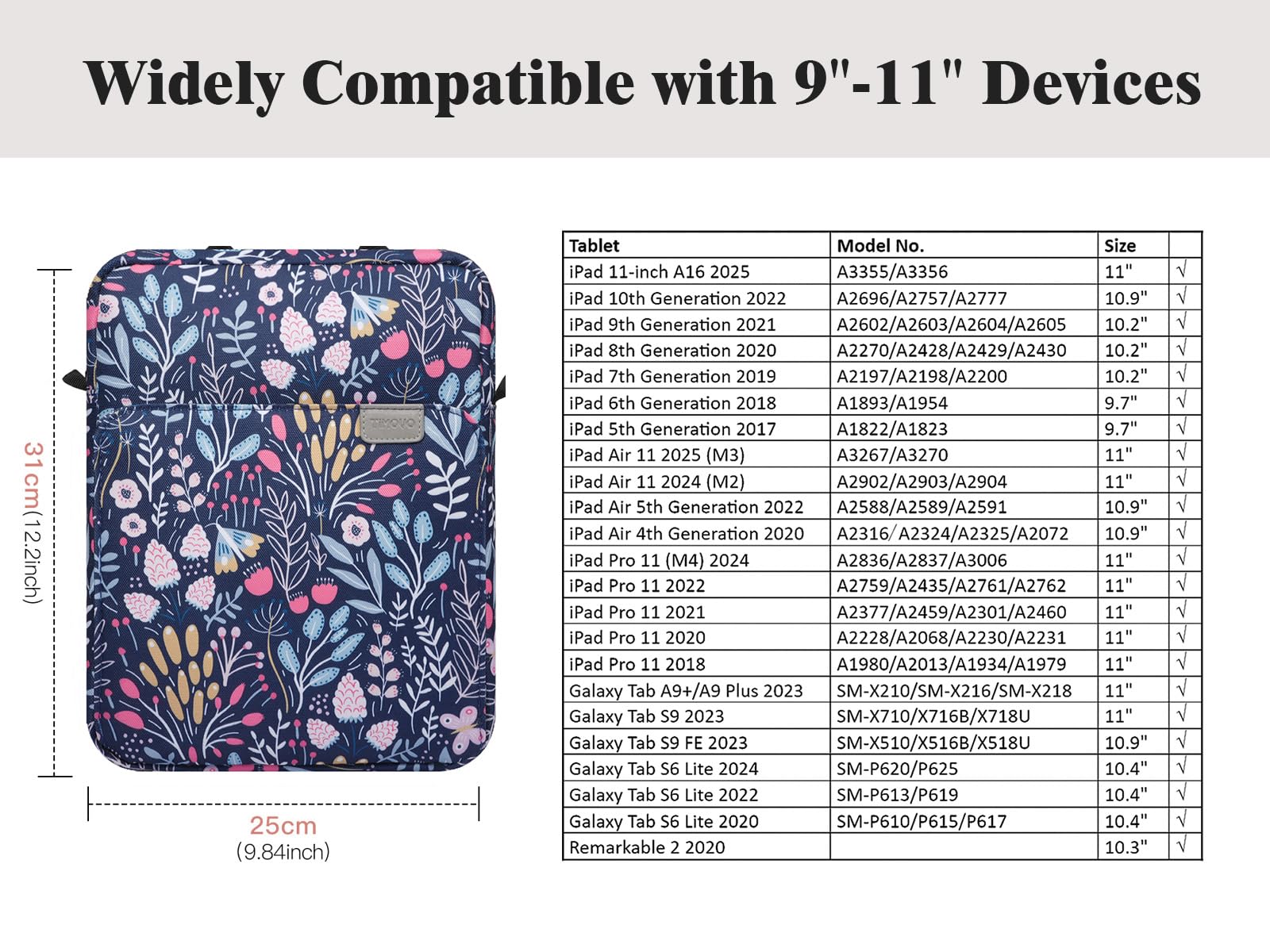 TiMOVO 9-11 Inch Tablet Sleeve Bag Carrying Case with Strap for iPad 11-inch A16 2025, iPad 10th Gen. 10.9
