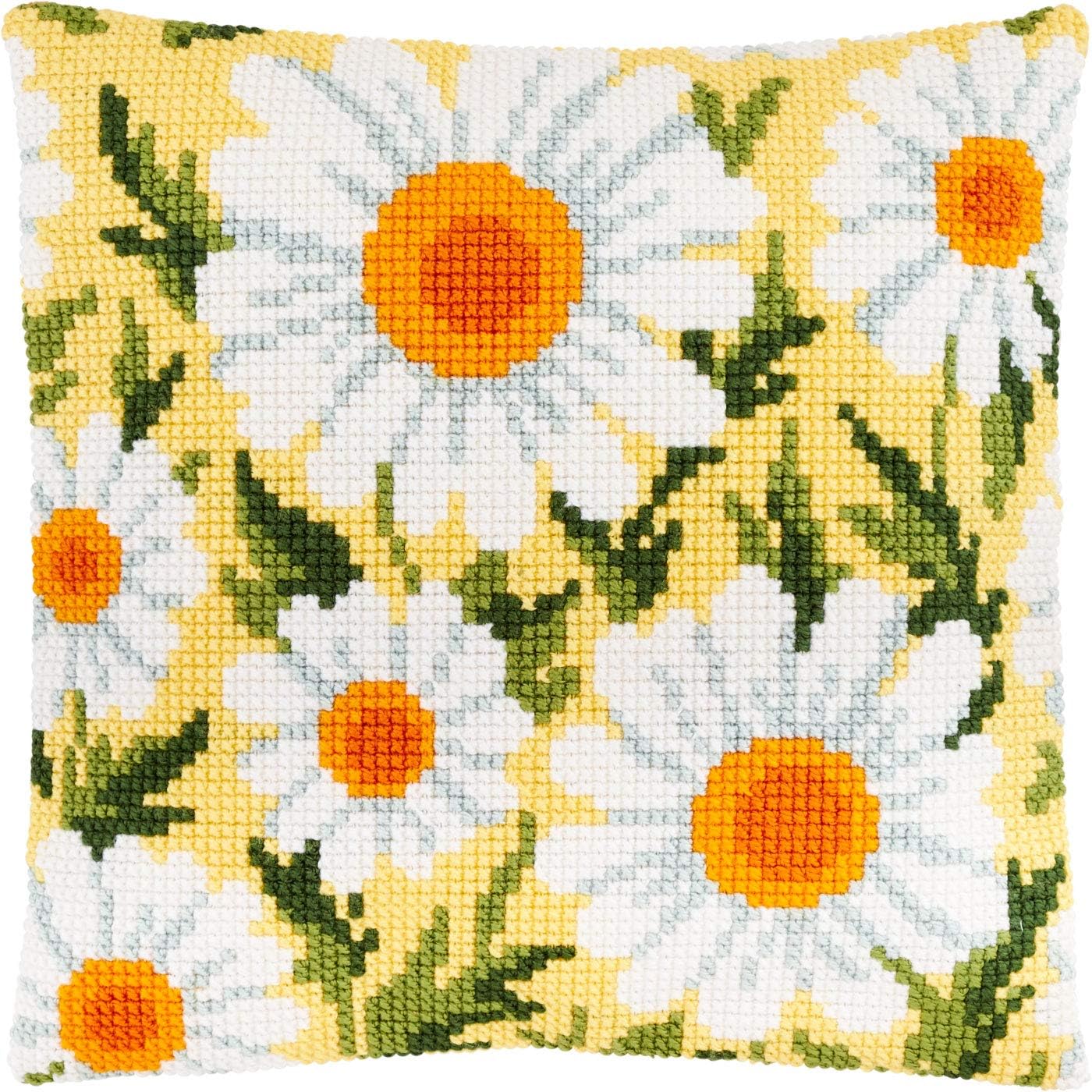 Brvsk Daisies. Cross Stitch Kit. Throw Pillow Case 16×16 Inches. Extra Stiff Canvas