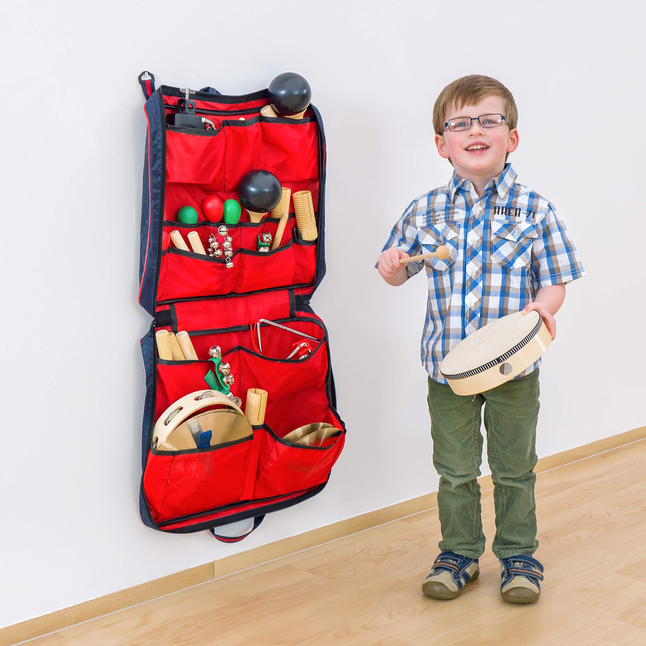 Betzold Musik - Percussions-Tasche mit 24 Instrumenten - Kinder Musikunterricht Musik-Schule Triangel Trommel Maracas Claves Tamburin Set Musikunterricht Klassensätze Musik Rhytmus Rhytmikinstrumente