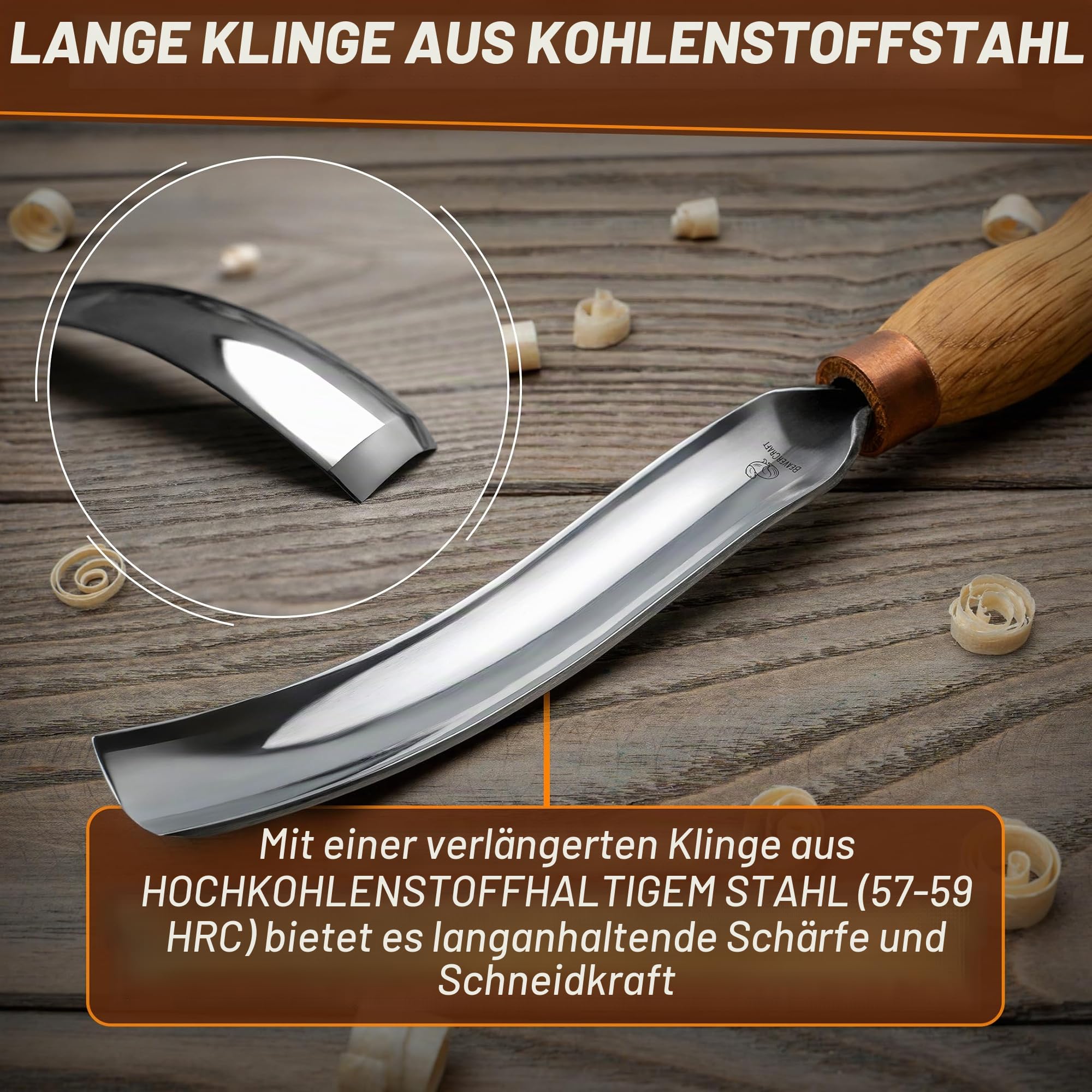 BeaverCraft Holzschneide-Hohleisen 7L/22 Löffelschnitzwerkzeug, Meißel - Schalenguts, Gebogener Holzmeißel - Schnitzmesser für Löffel