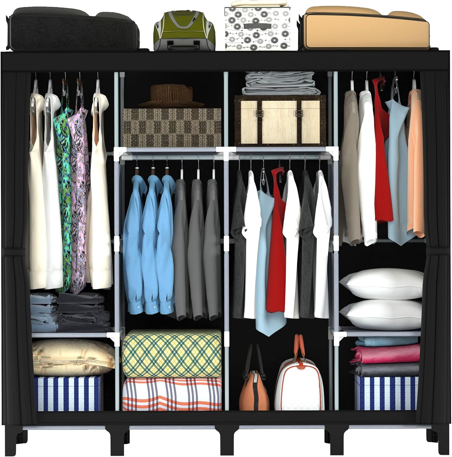 Non-Woven Wardrobe, No Tools Required, Large Capacity, Easy Assembly, Movable, Storage Rack, Waterproof, Dustproof, Stain Resistant, Black, 67.7 x 172 cm (Black, X-Large)