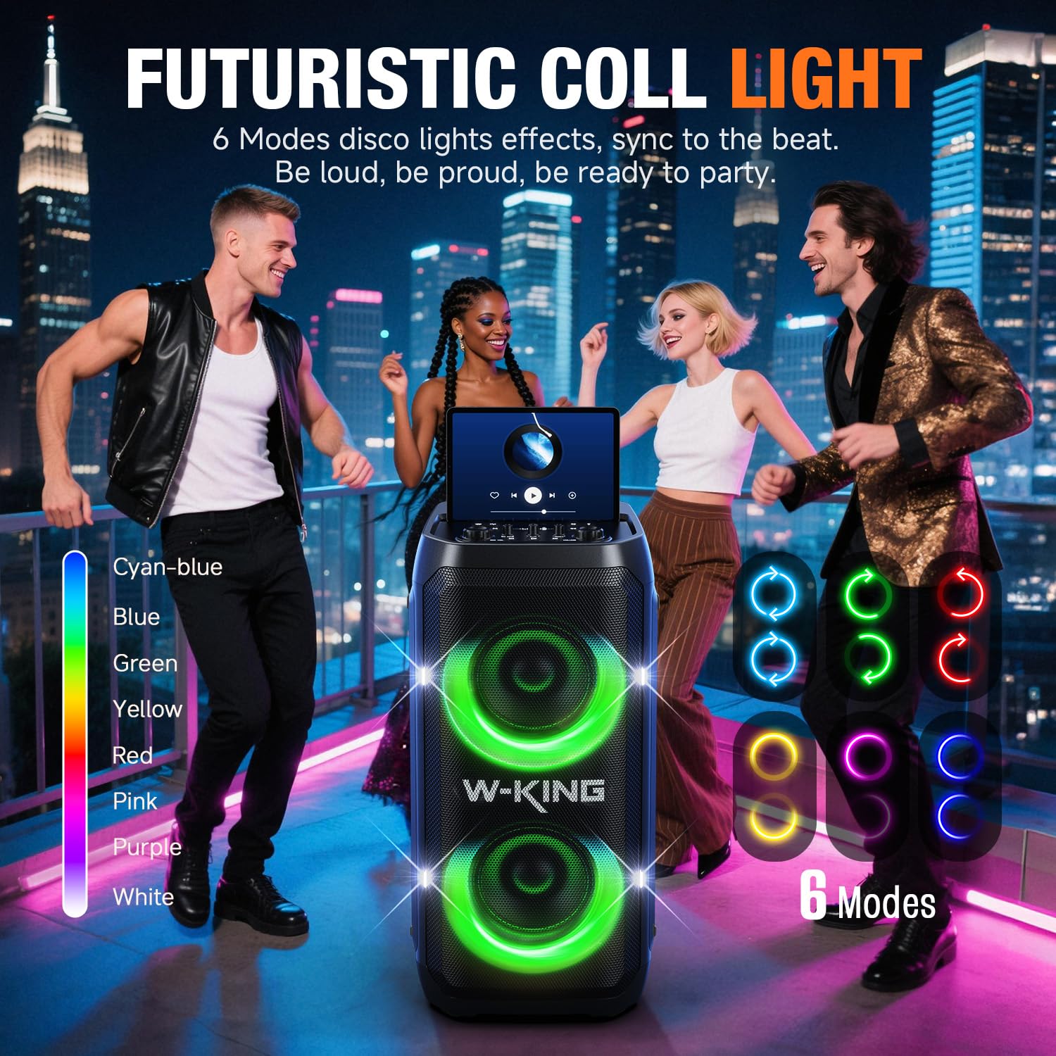 W-KING Tragbare Bluetooth-Lautsprecher-Box mit 370W MAX Pro Sound, Lichtshow, CSB, Bass Boost, Rollen und Teleskopgriff, 25H Laufzeit, Schnellladung, MIC&Guitar in,Party Lautsprecher für innen&außen
