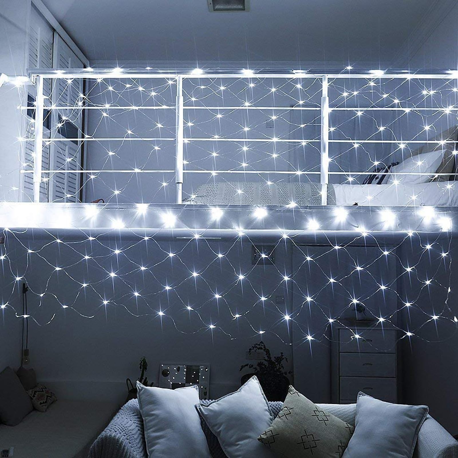 Lot de 2 rideaux lumineux 100 LED à piles 8 modes 1,2 x 1,9 m étanche grand angle LED pour sapin de Noël, patio, portail, cour, fête, mariage et décoration de vacances (LED blanche)