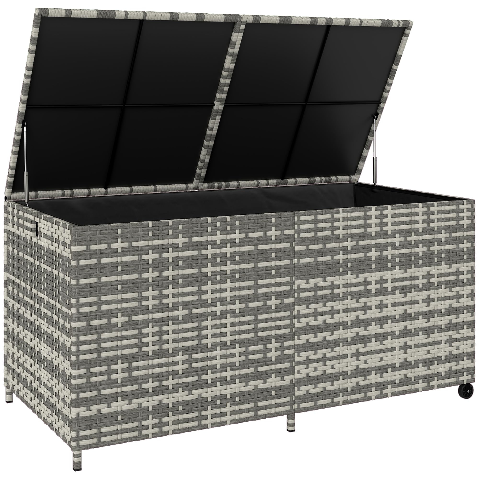 Outsunny - Baúl de Jardín de Resina Trenzado, 650 L, Impermeable con Forro con Cremallera, 2 Ruedas, para Jardín y Balcón, 150 x 75 x 74 cm, Color Gris