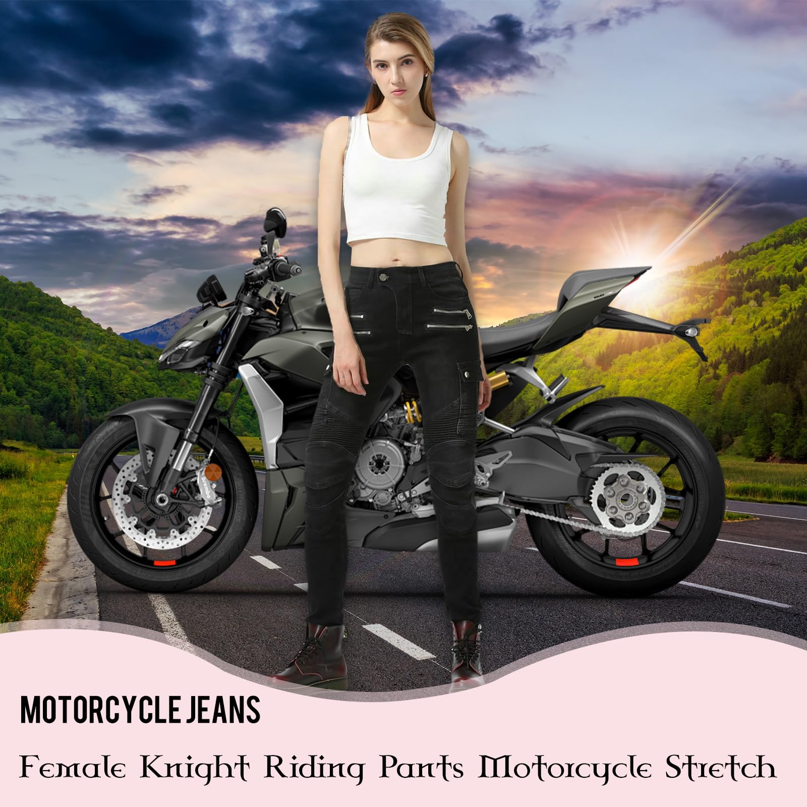 Jeans Moto Donna - Protezione Motorcycle Pantaloni con Strato in Kevlar,4 x Pad di Protezione,Protezioni CE per Ginocchia