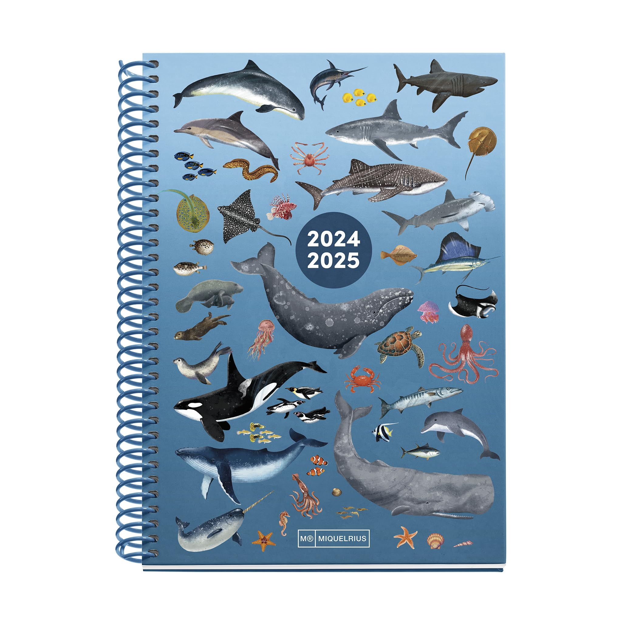 Miquelrius - Agenda Escolar 24-25, Septiembre 2024 a Junio 2025, Tamaño 150 x 213 mm, Semana Vista, Espiral Plástico Rosa,Cubierta Cartón Forrado, Cierre con Goma, Español e Inglés, Océano