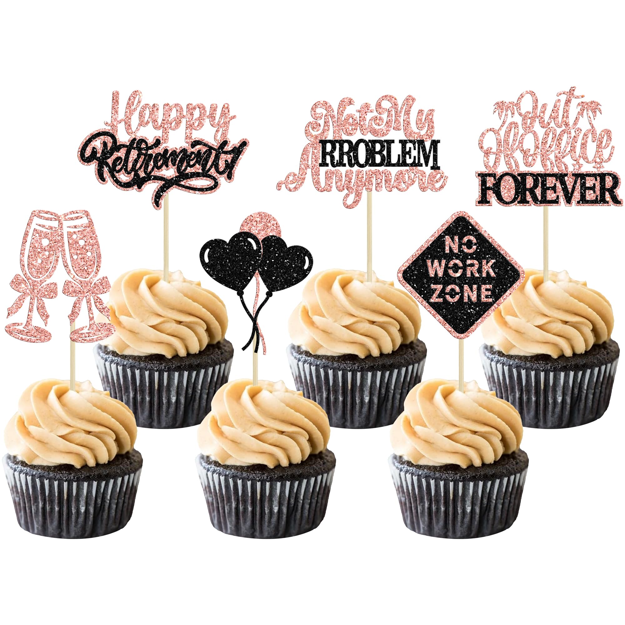 Gyufise 24Pcs Happy Retirement Cupcake Toppers Glitter Officially Retired Cupcake Picks No Work Zone Retirement Party Decorations for Farewell Birthday Party Supplies Rose Gold