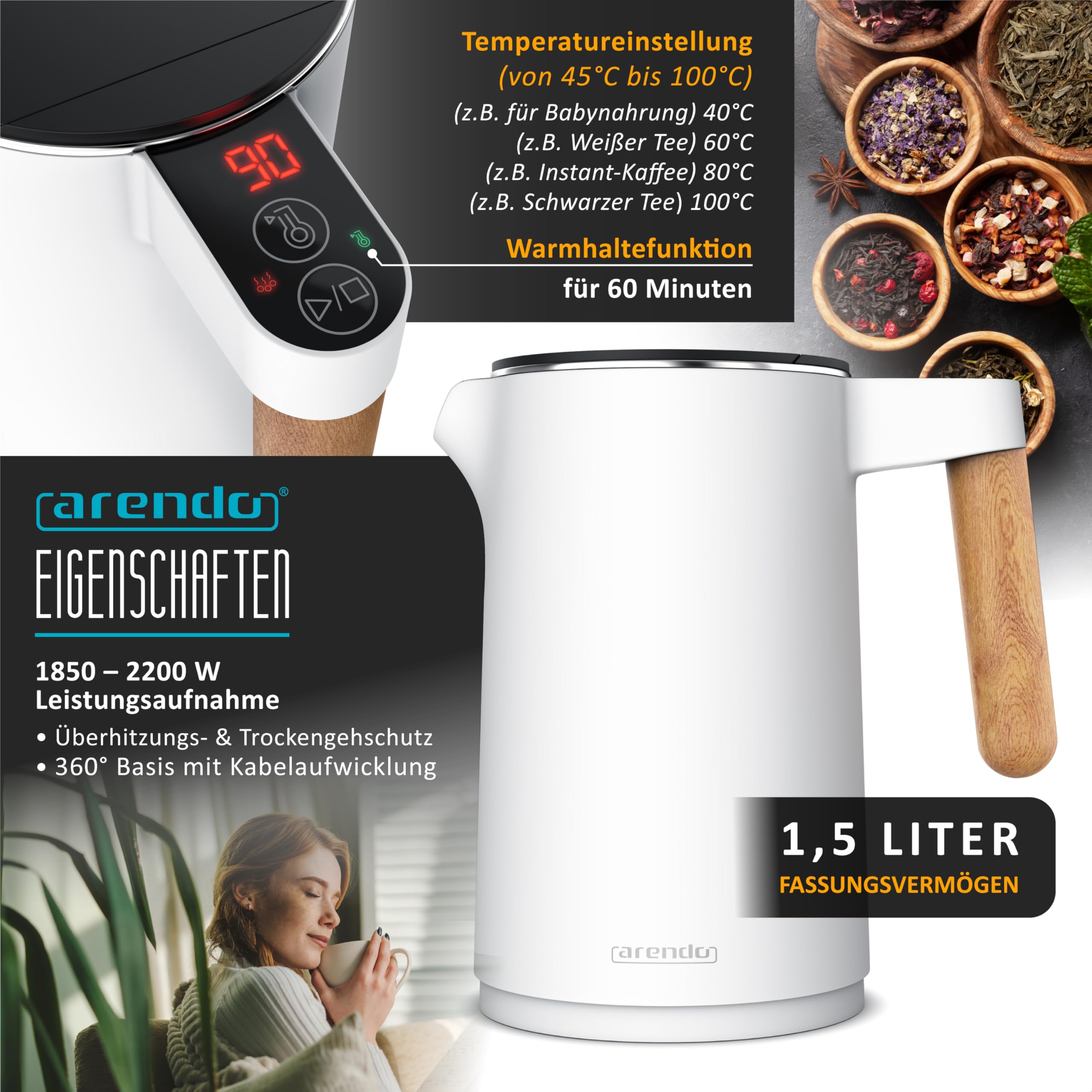 Arendo Wasserkocher Toaster SET Edelstahl 45-100 Grad Warmhaltefunktion 4 Scheiben Touch Display Weiß Matt