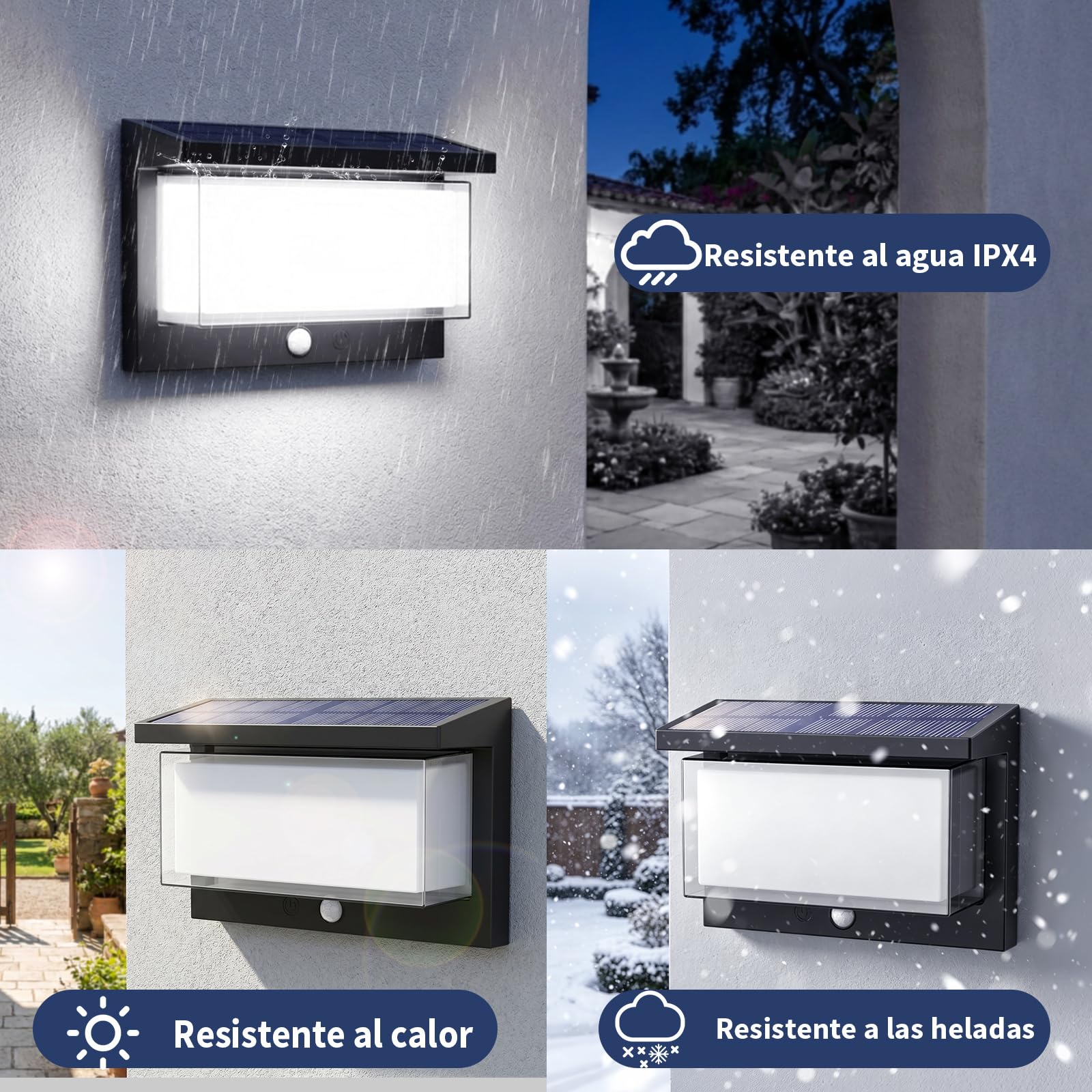 Lámpara Solar Exterior con Sensor de Movimiento,2 Piezas Aplique Solar Exterior IP65 6500K Blanco Frío Encendido/Apagado Automático, LED Impermeable para Jardín Pared Valla
