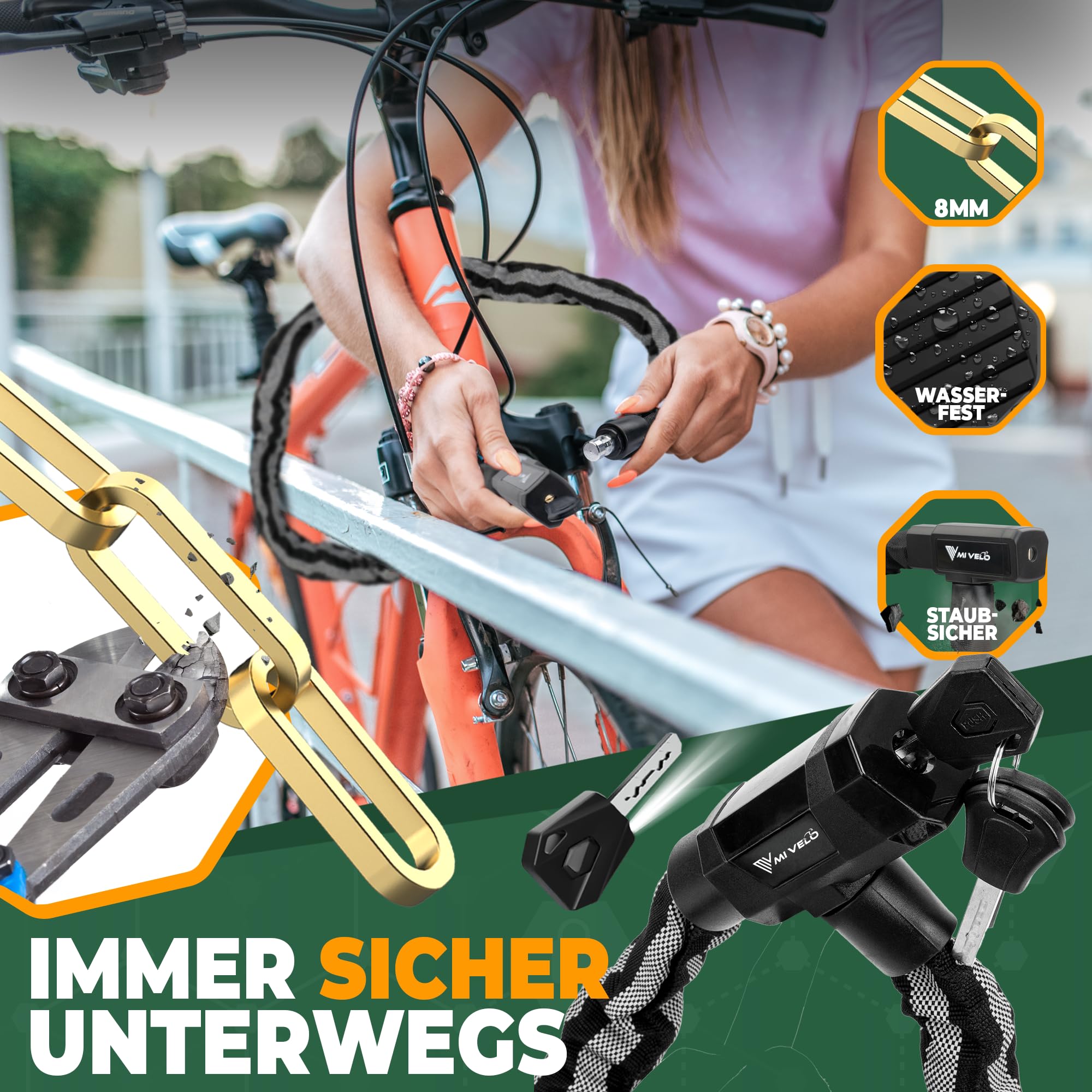 MIVELO Fahrradschloss Kettenschloss hohe Sicherheit 100cm lang I Fahrrad Schloss 8mm gehärteter Stahl I Ideal für E Bike, MTB & Rennrad (Mit Schlüssel & LED-Beleuchtung) Sport & Freizeit
