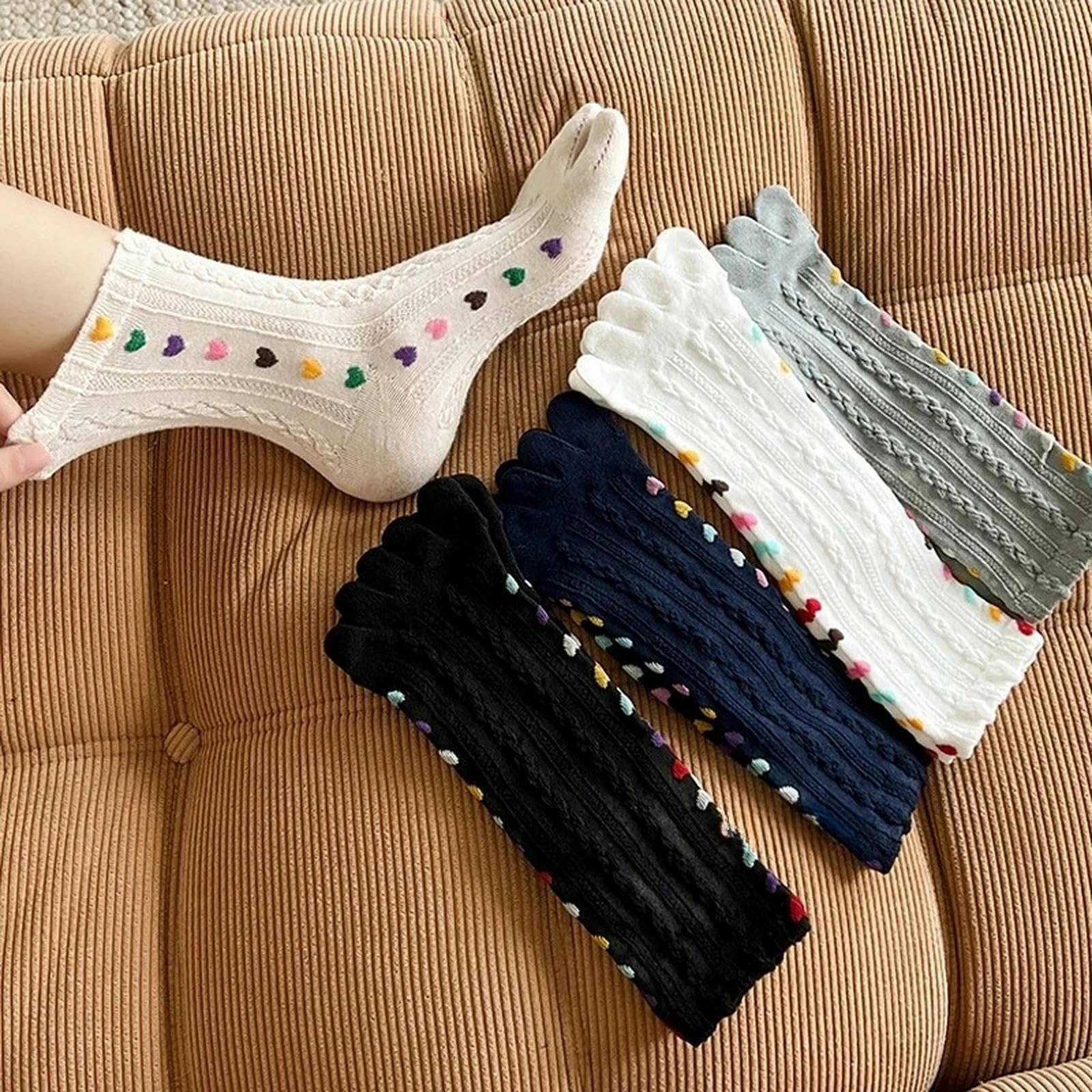 Zehensocken 5pc Fünf-Finger-Socken Für Mädchen Reine Baumwolle 3D Jacquard Retro Color Heart