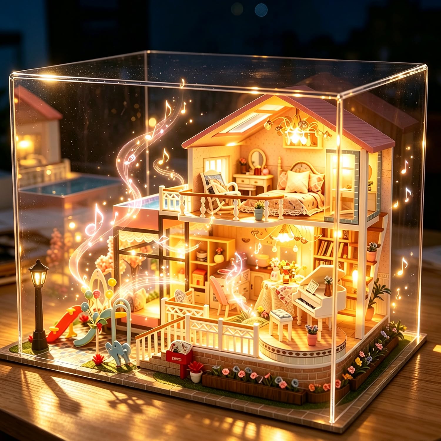Diorama Maquette de construction avec housse anti-poussière pour maison de poupée miniature à faire soi-même avec boîte à musique et lumières LED, mini maison de puzzle en bois 3D, modèle d'art