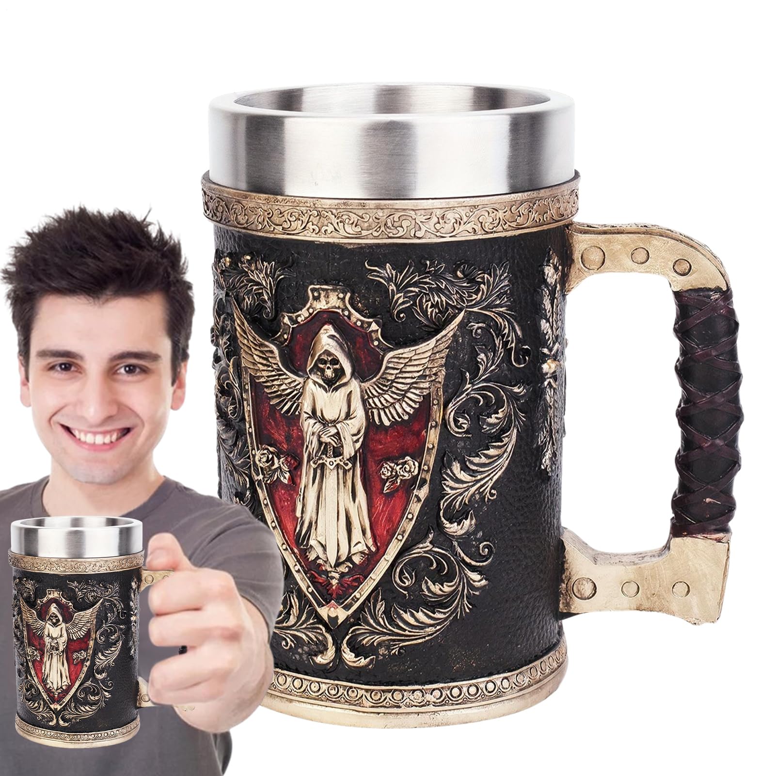 Generico Chope à bière en forme de crâne, tasse à bière réutilisable, 500 ml en acier inoxydable, taverne portable pour anniversaire, Noël et Thanksgiving
