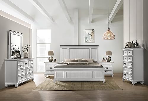Roundhill Furniture Clelane - Juego de dormitorio de madera con cama de panel Shiplap, aparador, espejo, dos mesitas de noche y pecho, Queen, blanco