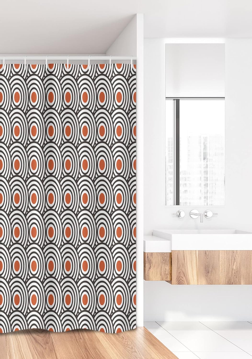 Ambesonne Modern Art Stall Shower Curtain, New Age Retro Minimalist Concentric Spiral Vortex Abstract Work of Art, Fabric Bathroom Decor Set with Hooks, 36" W x 72" L, Orange Charcoal Grey