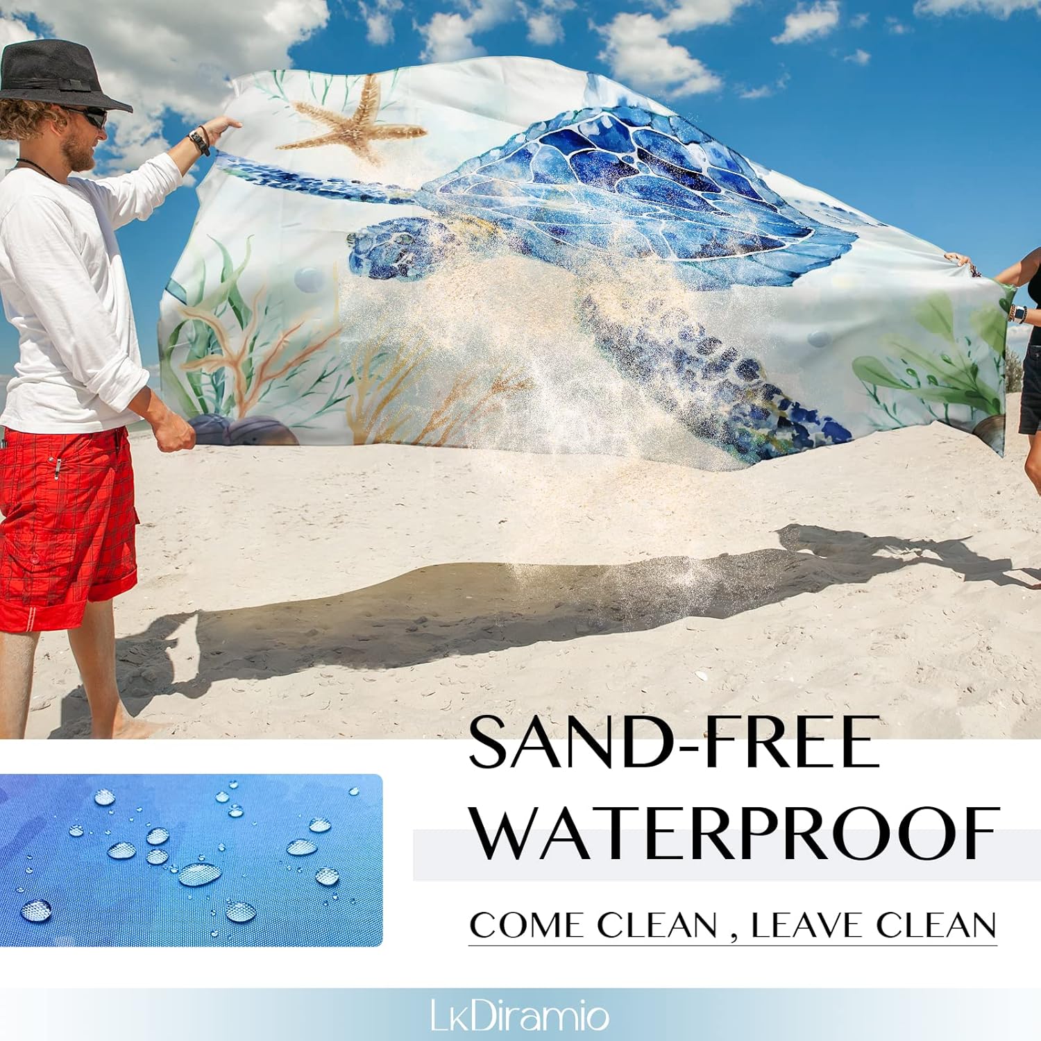 Beach Blanket Sand Proof Waterproof Oversized 100" x 80" Sand Free Mat with Corner Pockets and Mesh Bag for Outdoor, Picnic, Travel, Beach Accessories Portable, Watercolor Turtle - Image 3