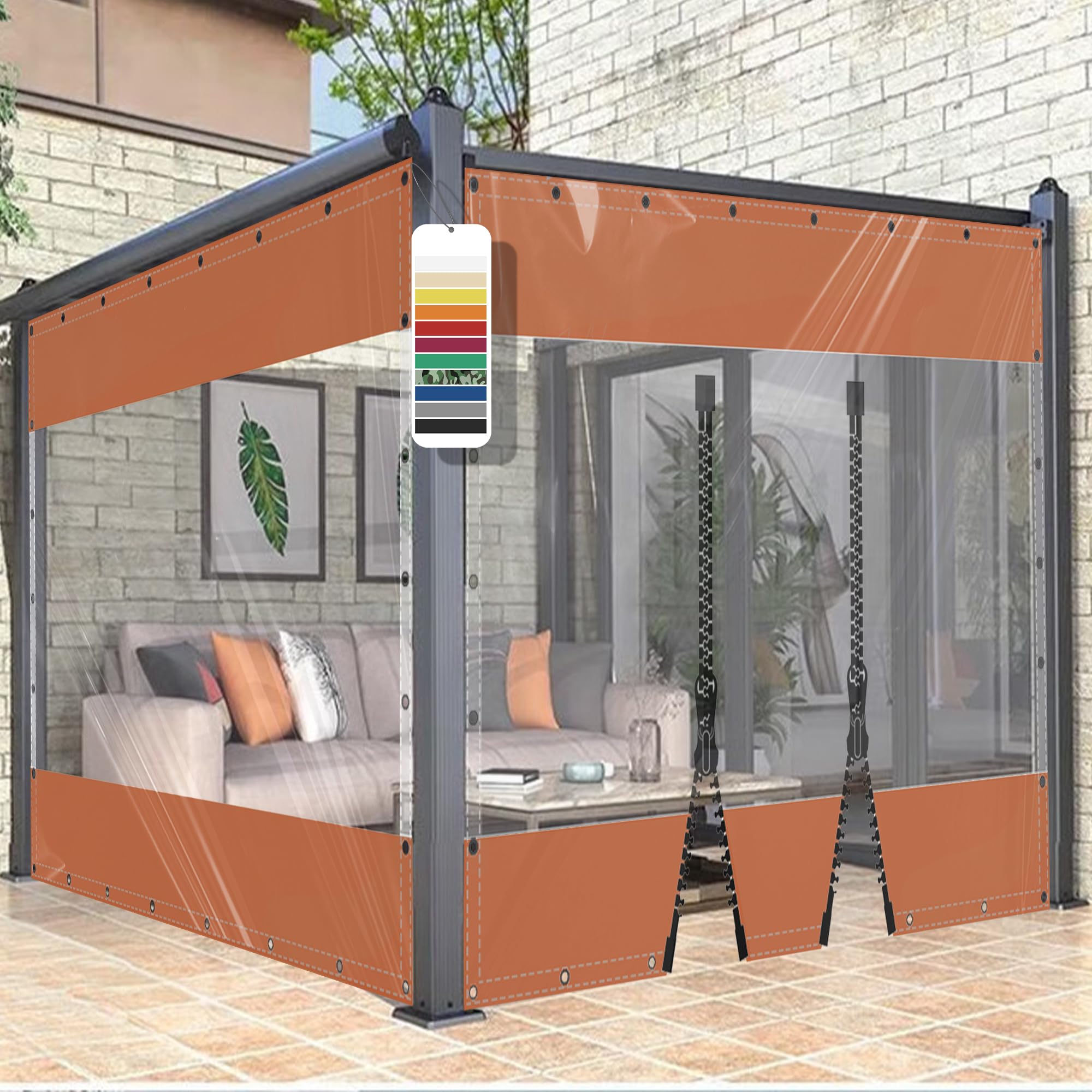AMXFS Transparent tarpaulin with eyelets, crystal clear patio tarpaulin made of 580g/㎡ PVC Orange H2mxL3.2m Outdoor Curtain Weatherproof Waterproof Rain Cover without Zipper