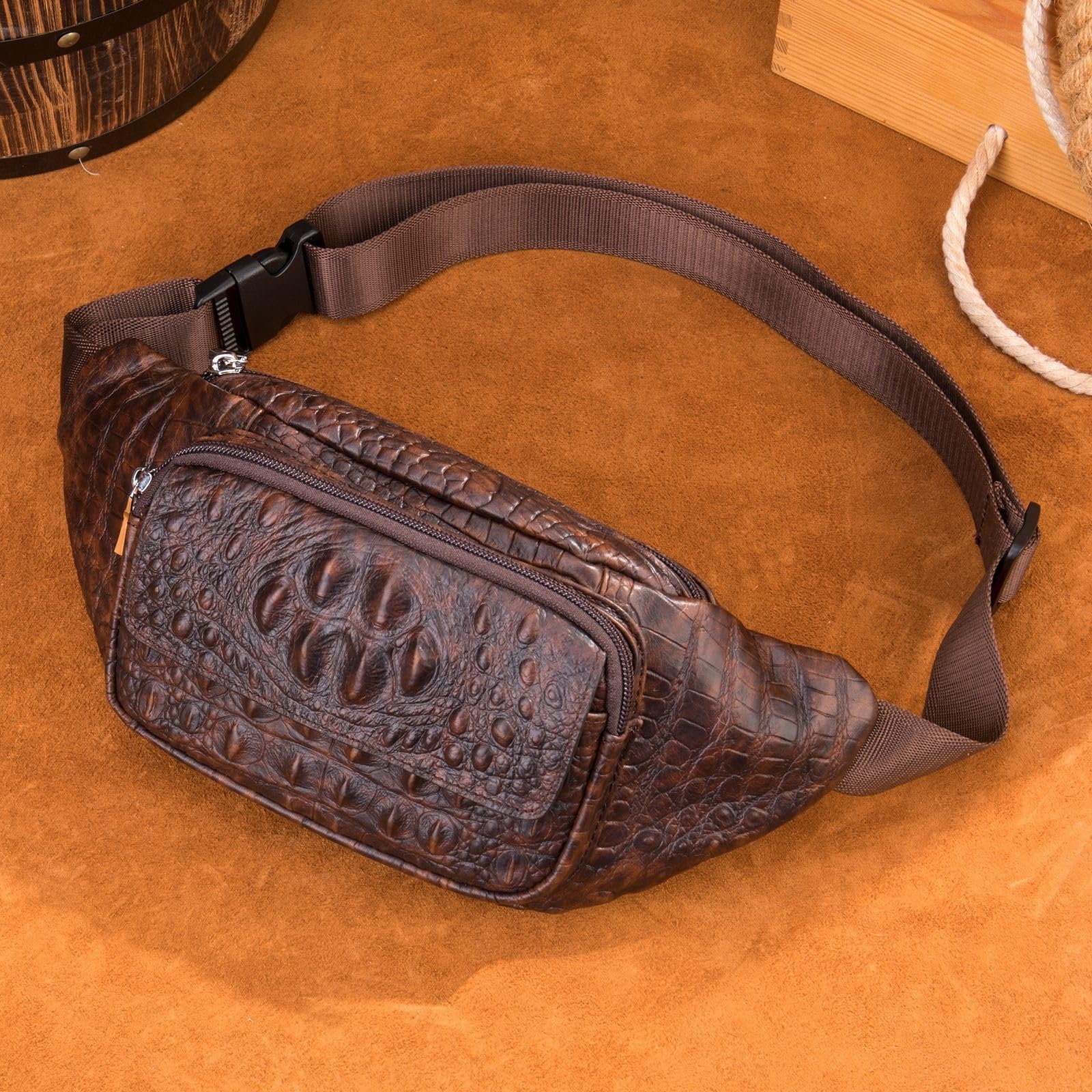 Talia biodrowa torba na ramię na co dzień na klatkę piersiową dla mężczyzn w talii skórzana w stylu vintage do podróży, biegania, treningu, Brązowy brązowy, 19x11x32cm, Jeden styl