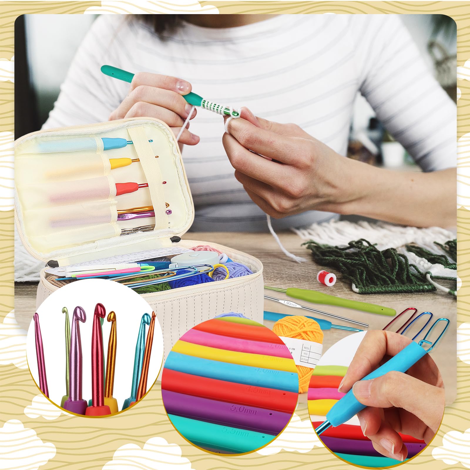 Aeeque Kit Crochet Débutant Complet Adulte 102 Pièces - 12 Aiguilles 0,6-1,9mm, 9 Crochets Ergonomiques, 15 Pelotes de Laine pour Tricot - Sac Beige Inclus