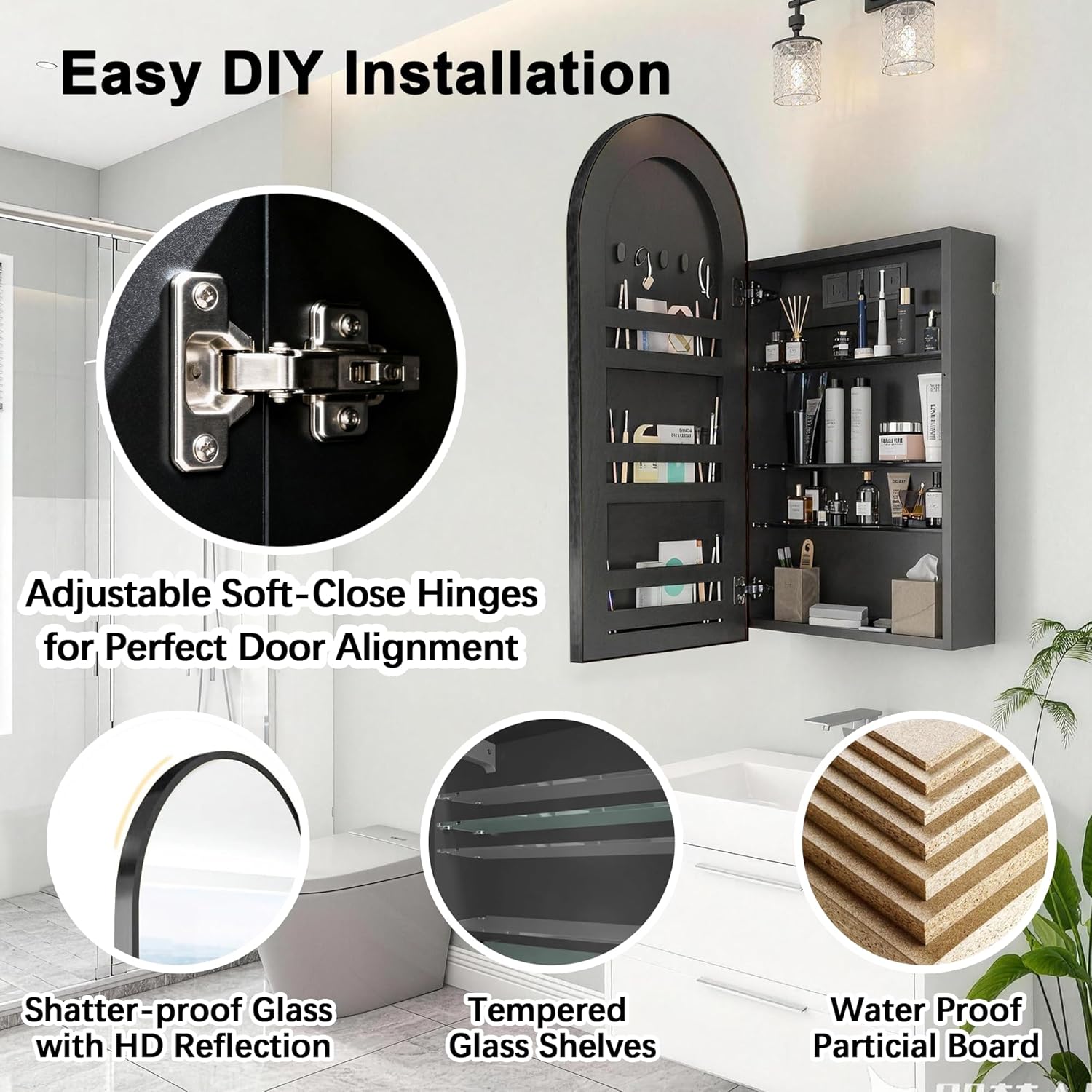 Close-up of adjustable soft-close hinges, shatter-proof glass, tempered glass shelves, and waterproof particle board.
