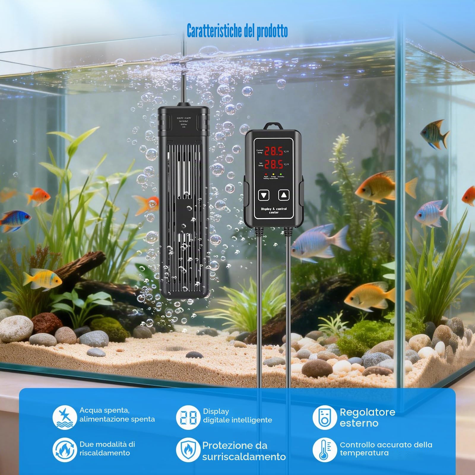 Riscaldatore per Acquario 600W Regolabile, Barra Riscaldante con Display Digitale a LED Esterno, Controller LED, Protezione da Sovratemperatura, Termostato per Acquari Dolce e Salato da 250L a 400L