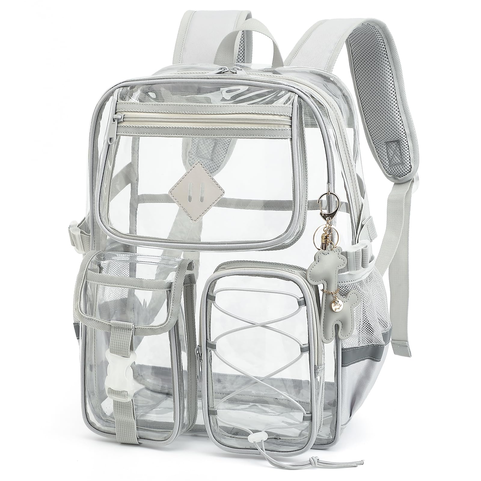Yusudan Clear Backpack for Girls Women, Heavy Duty Transparent School Backpack Bookbag with Giraffe Keychain (Grey)