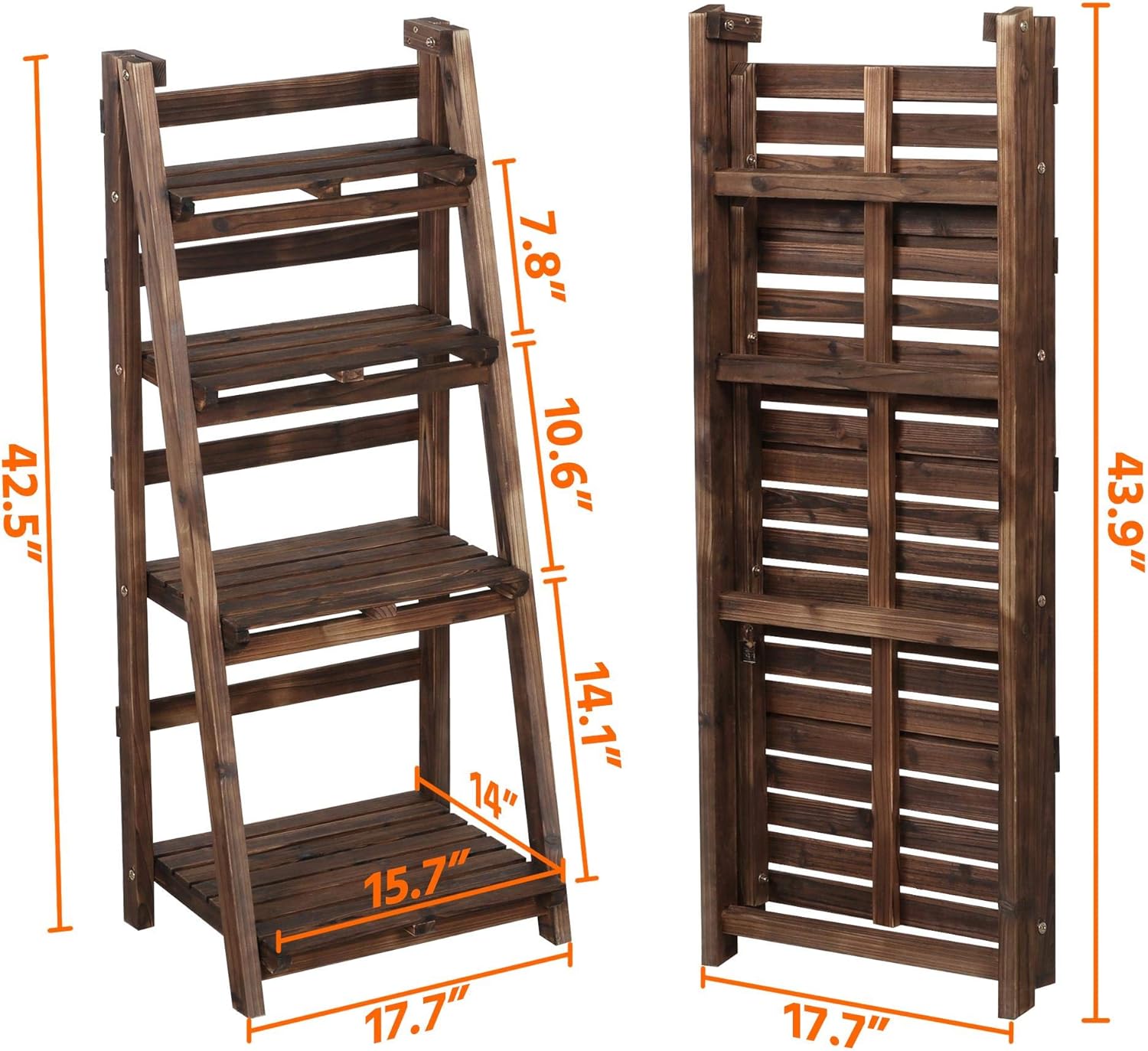 Diagram showing the dimensions of the Yaheetech Foldable Ladder Shelf, including height, width, and depth of shelves.