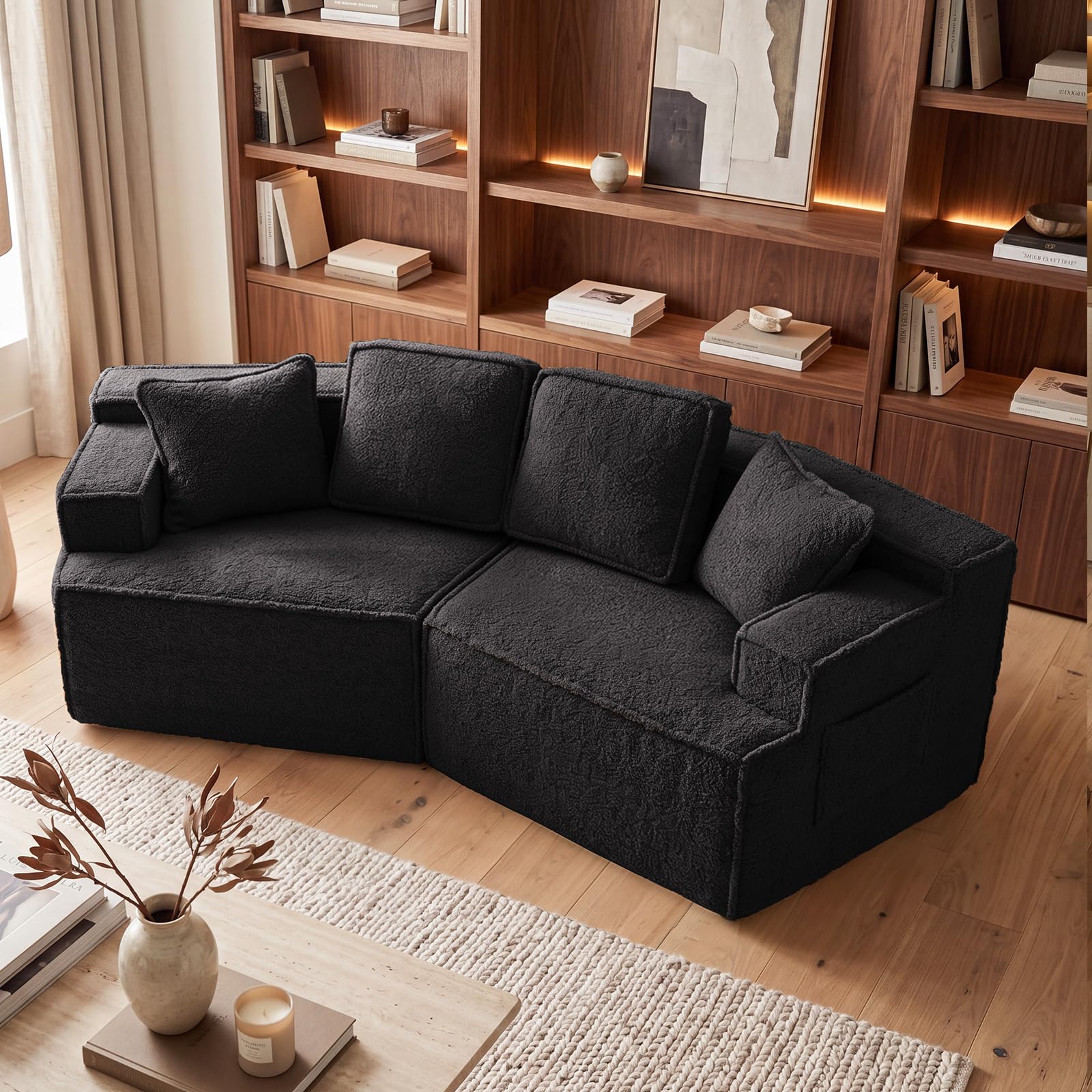 Sofá de 2 plazas modular negro COMHOMA de piel sintética y cama convertible