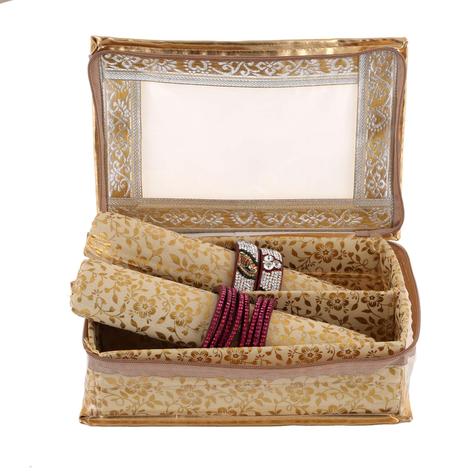 Kuber Industries Brocade Hardboard Two Rod Bangle Box (Gold)-CTKTC21160
