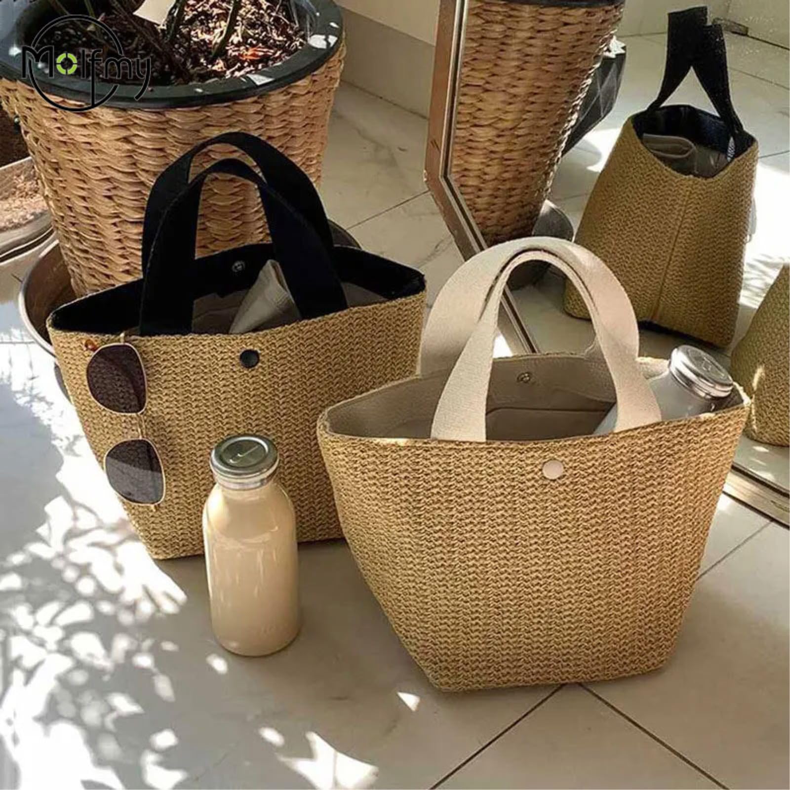 Borsa di Paglia Donna da Spiaggia Tessuta Donna, Paglia, Crossbody A Pulsante Casual, Stile retrò-White