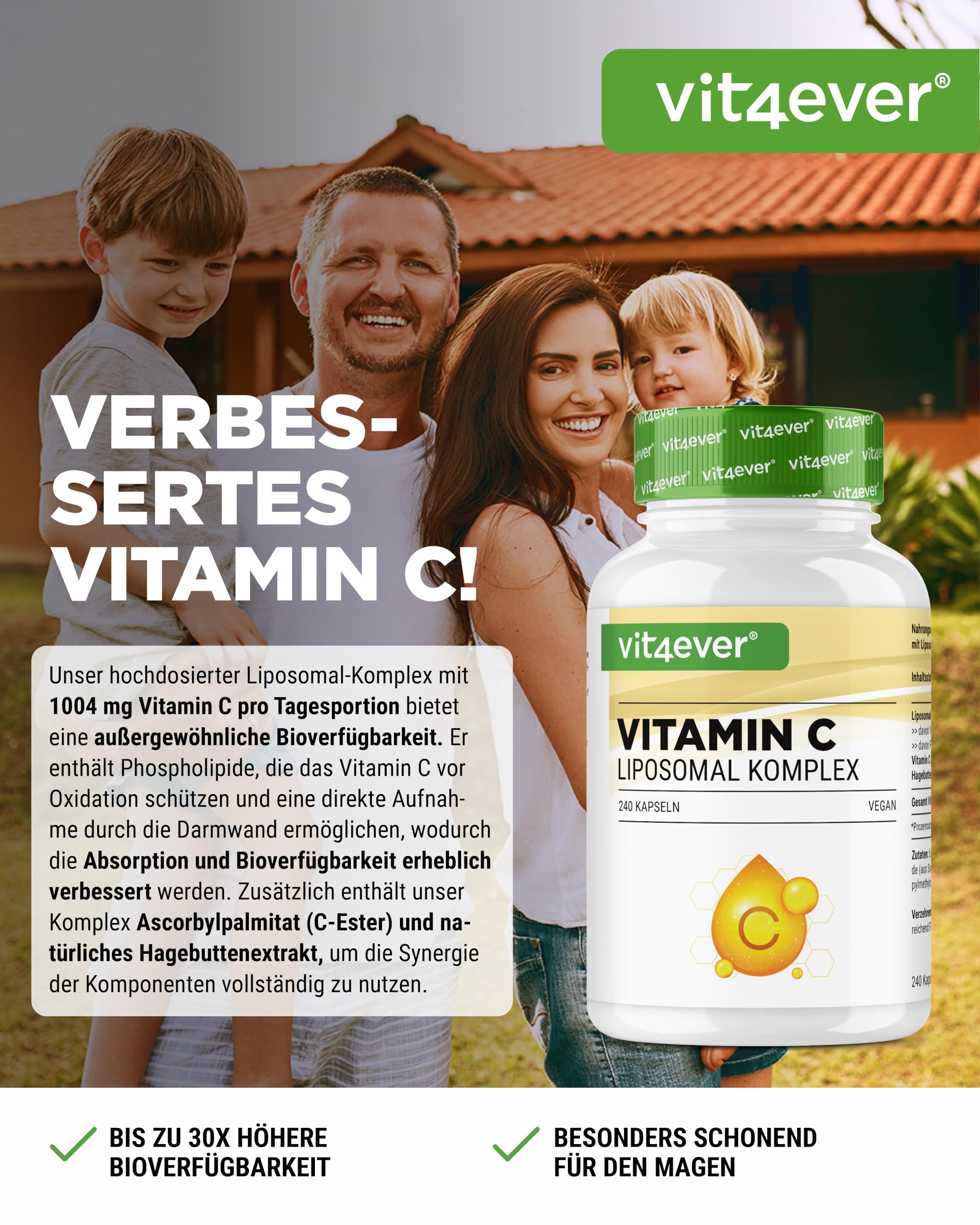 vit4ever Liposomales Vitamin C - 240 vegane Kapseln - Premium: Hochdosiert mit 1000mg reinem Vitamin C pro Tag - Besonders hohe Bioverfügbarkeit | Liposomale Form, hohe Bioverfügbarkeit, hochdosiert, vegan
