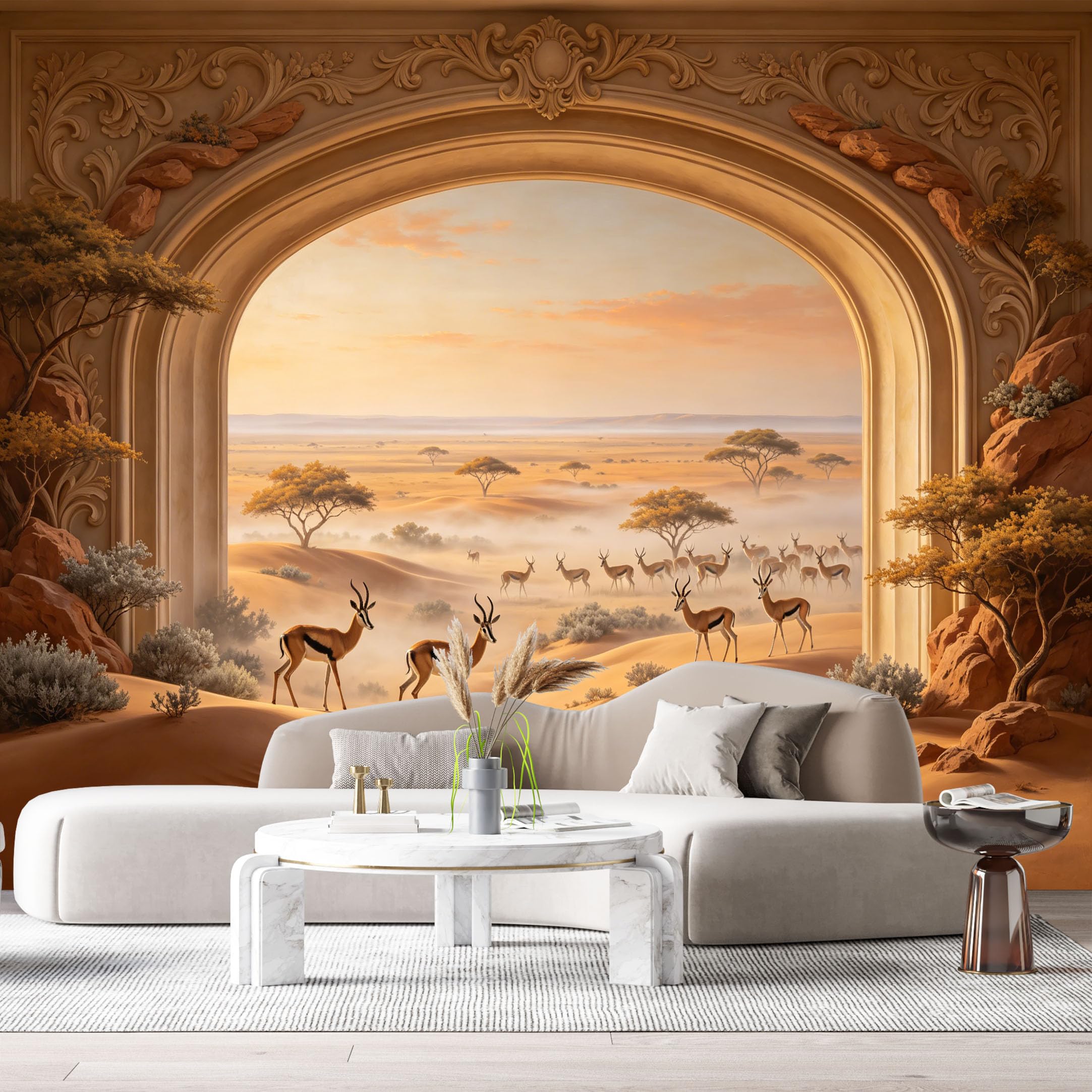 Custom Size Wall Murals Savannah Antelope Desert Landscape 3D Trompe L'Oeil SelfAdhesiveWall Fabric Removable Wallpaper Wall Decor for Living Room Bedroom Bathroom