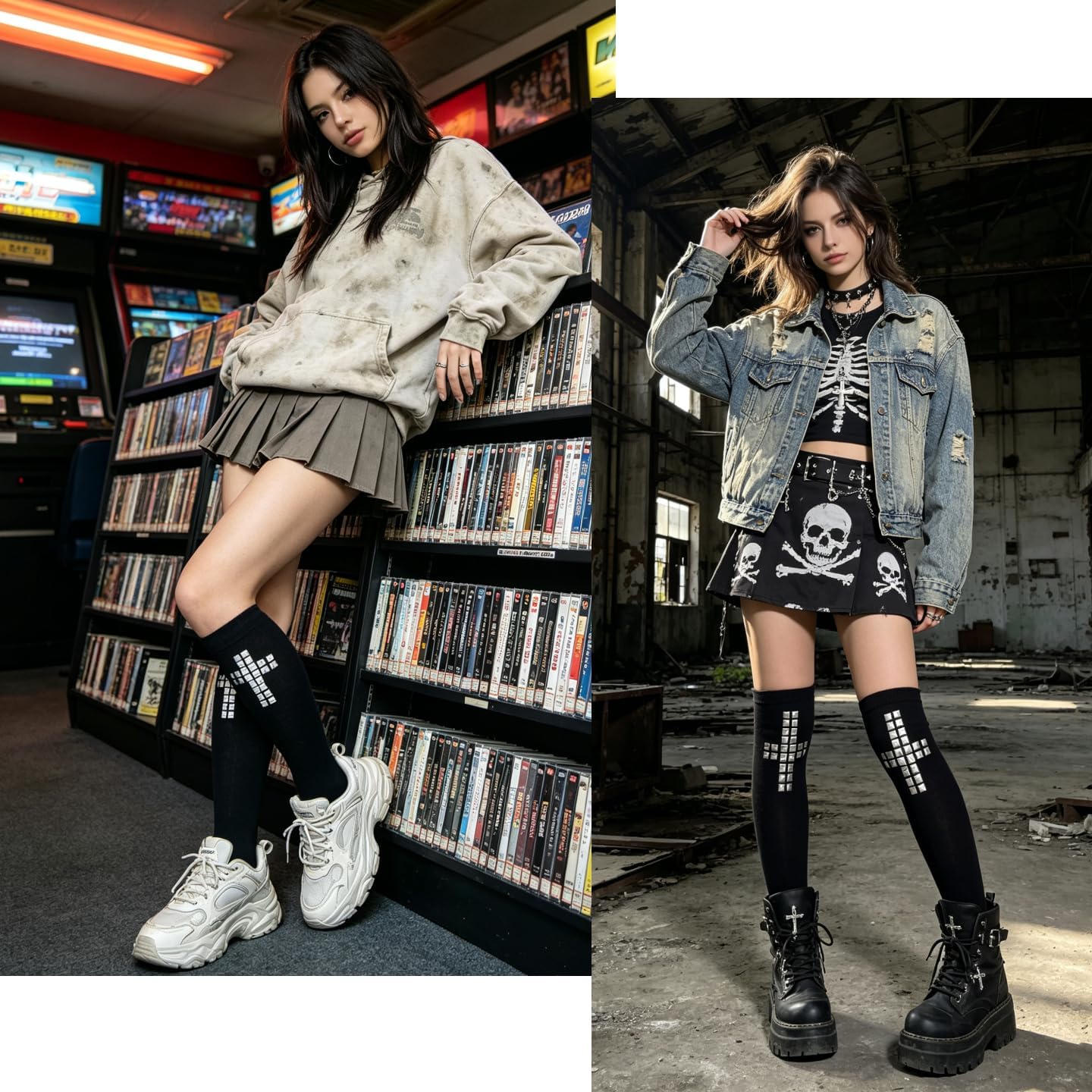 Gothic Black Cross Studded Knee High Socks for Women