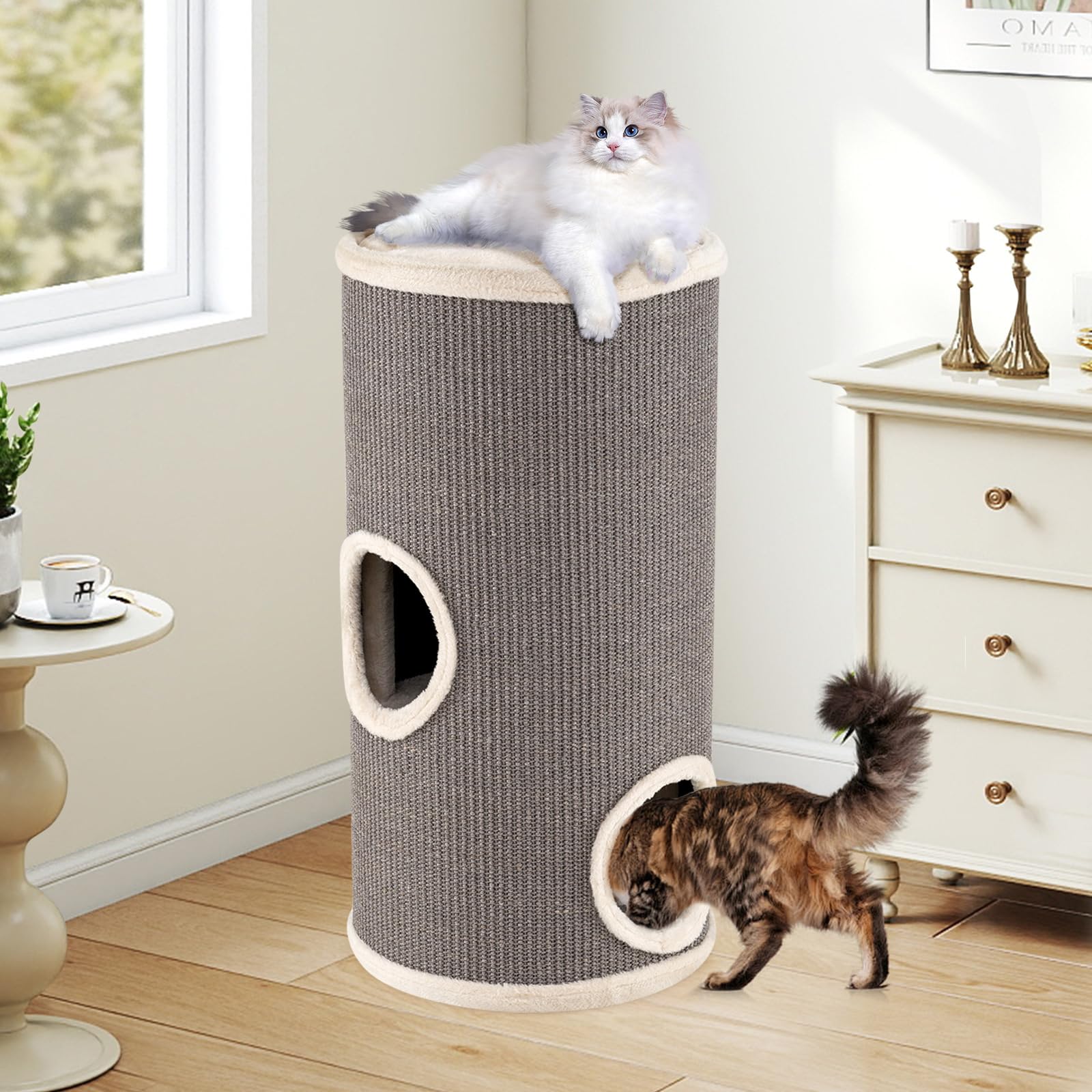 COSTWAY Barril Rascador para Gatos de 4 Niveles, 70 cm Torre Gato Rascador con Almohadilla para Rascar de Sisal, Cama Acolchada, Condominio para Gato Forma Barril, Ideal para Hogares con Varios Gatos