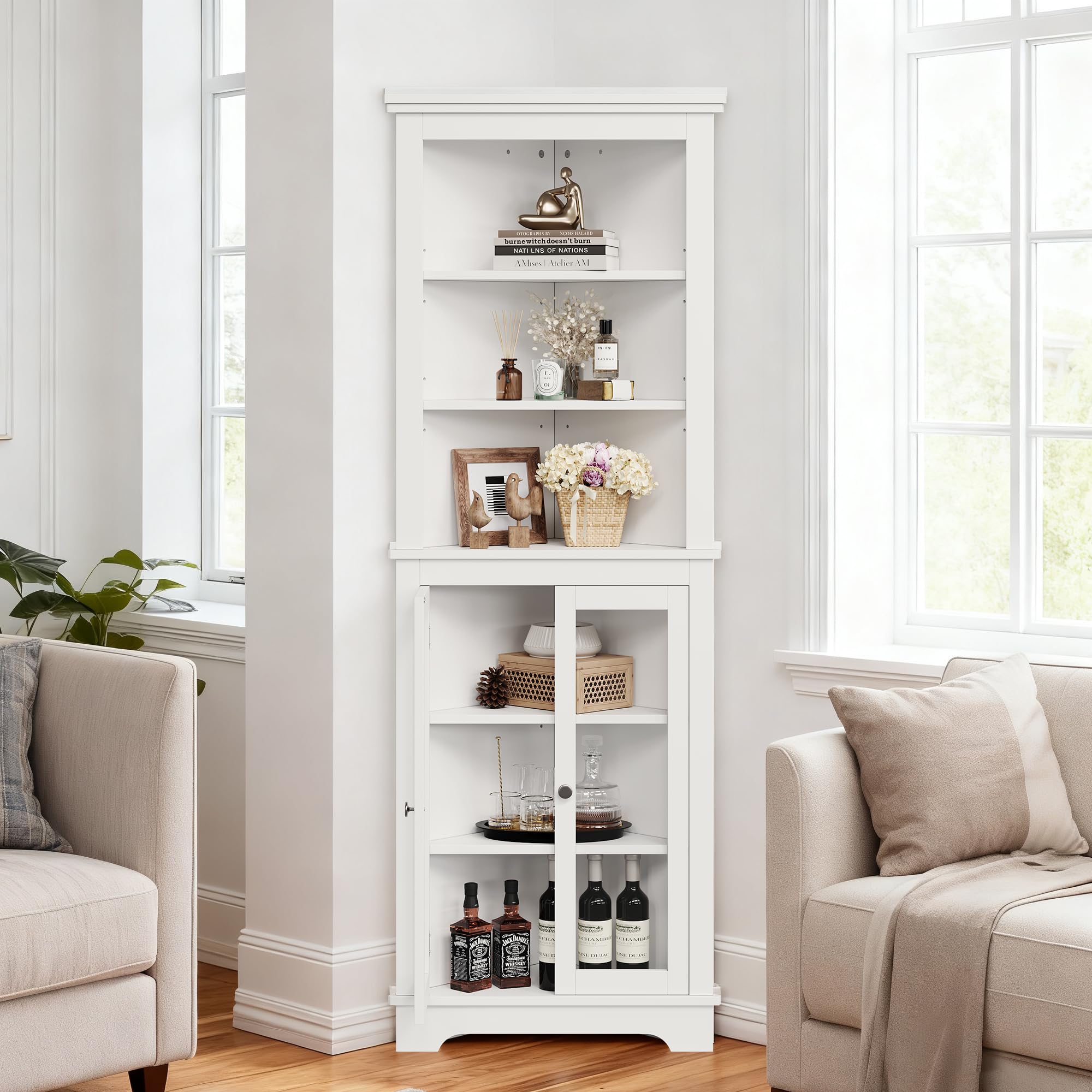 Garvee Vielseitige Eckvitrine im Landhausstil – Freistehender 5-stöckiger Schrank, 165 cm hoch, mit 3 verstellbaren Einlegeböden – Für Wohnzimmer, Küche, Esszimmer oder Bad – Weiß – Farbe: White
