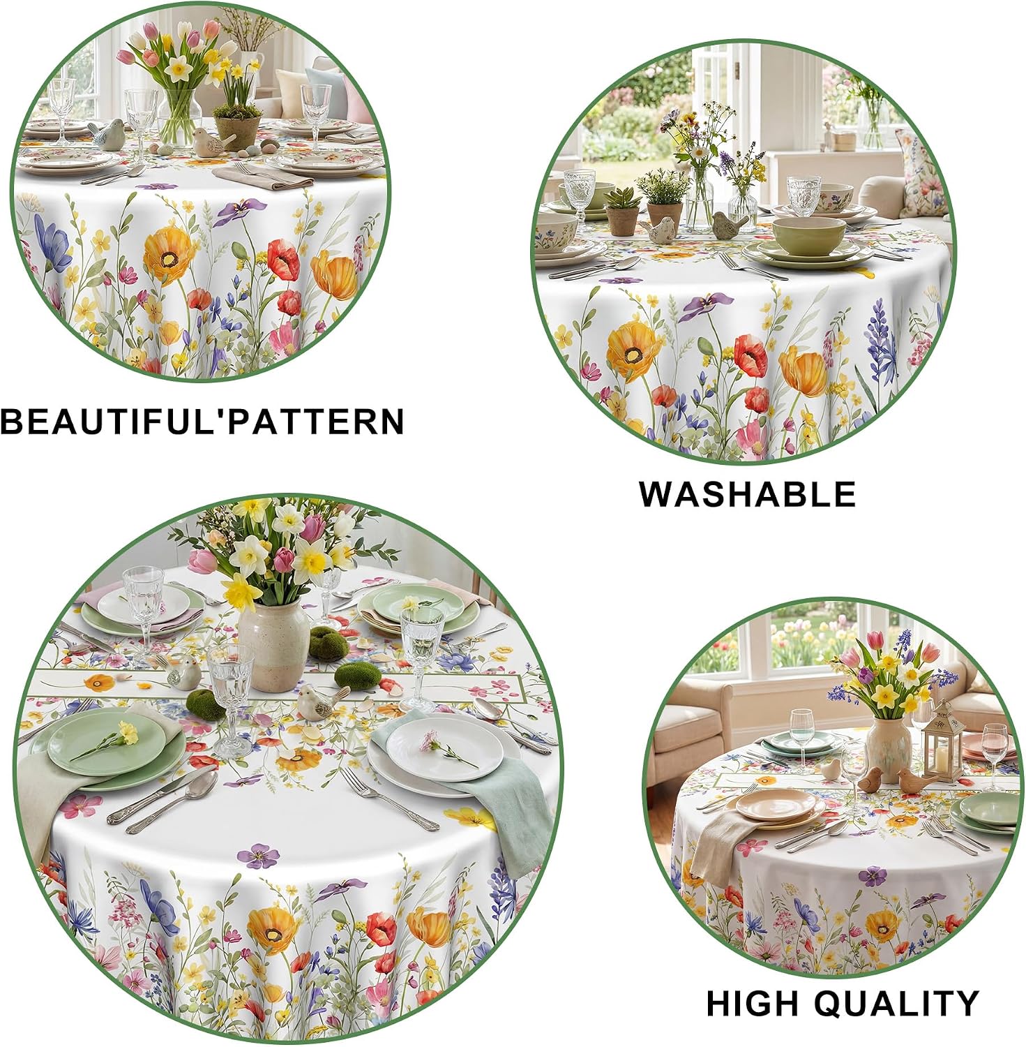 Spring Floral Tablecloth Round 70 Inch, Spring Watercolor Flowers Decorations for Home Table Cloth, Blooming Flower Decor Tablecloths Polyester for Picnic Party Dinner